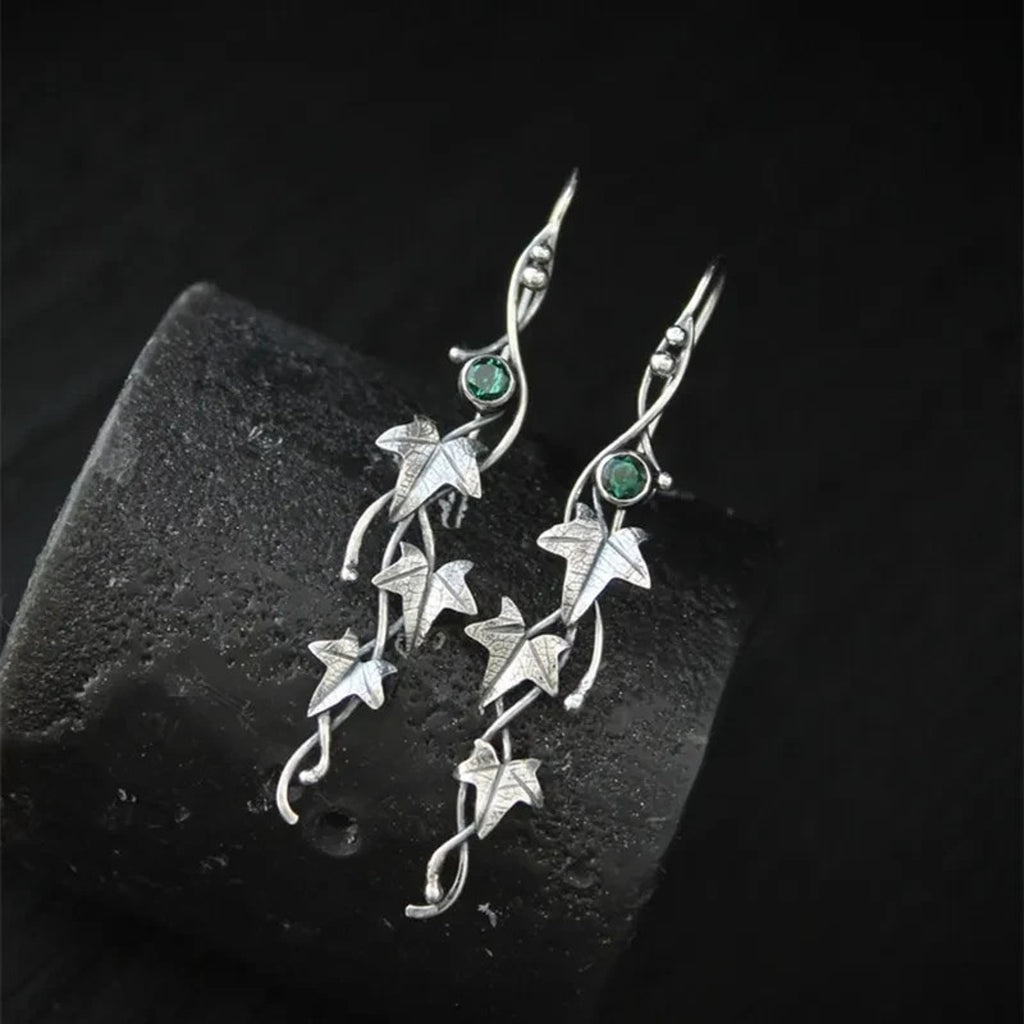 Gothic Victorian Fairycore Silver Leaf & Green Stone Earrings