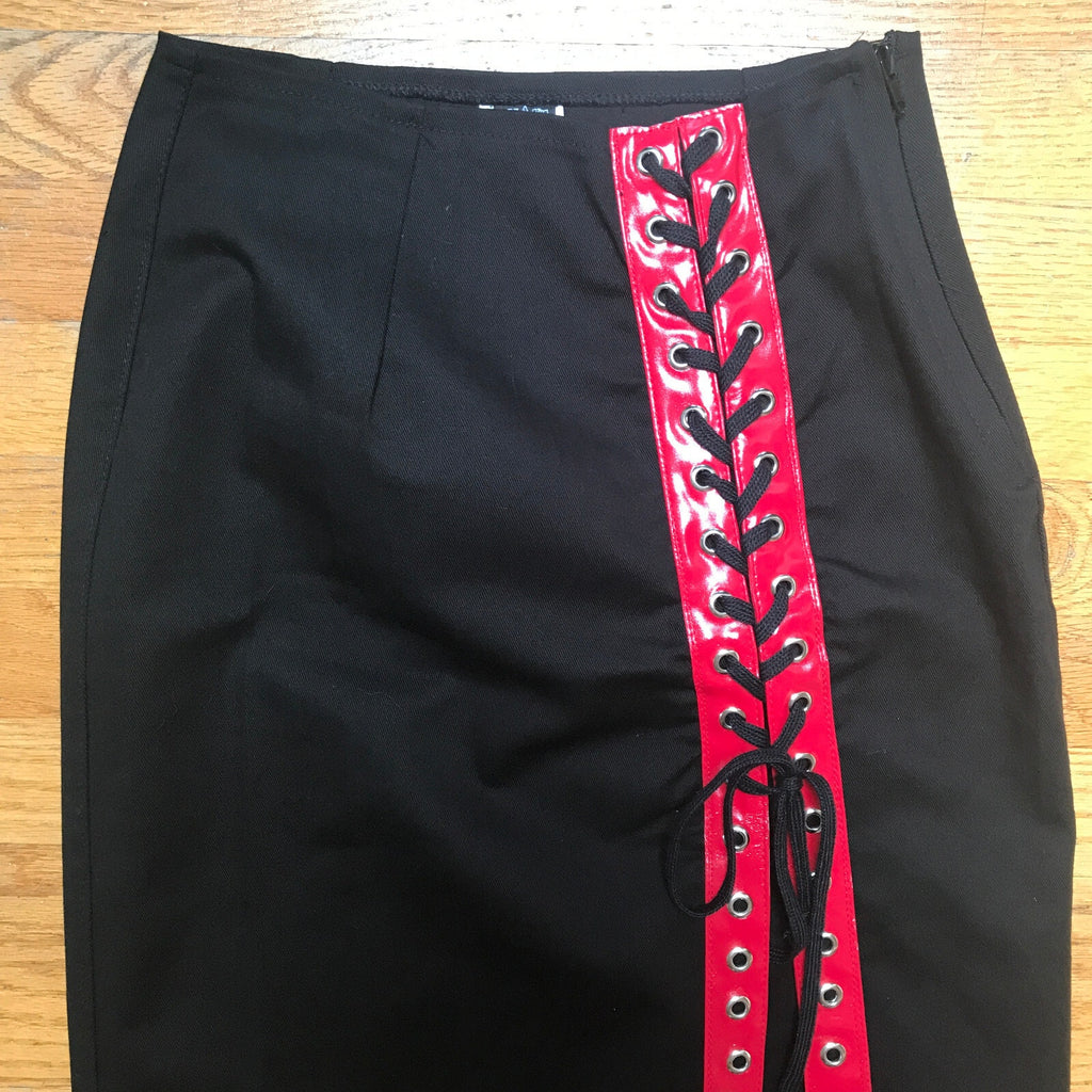 Phaze UK Punk Goth Black Cotton Red Vinyl Lacing Long Skirt