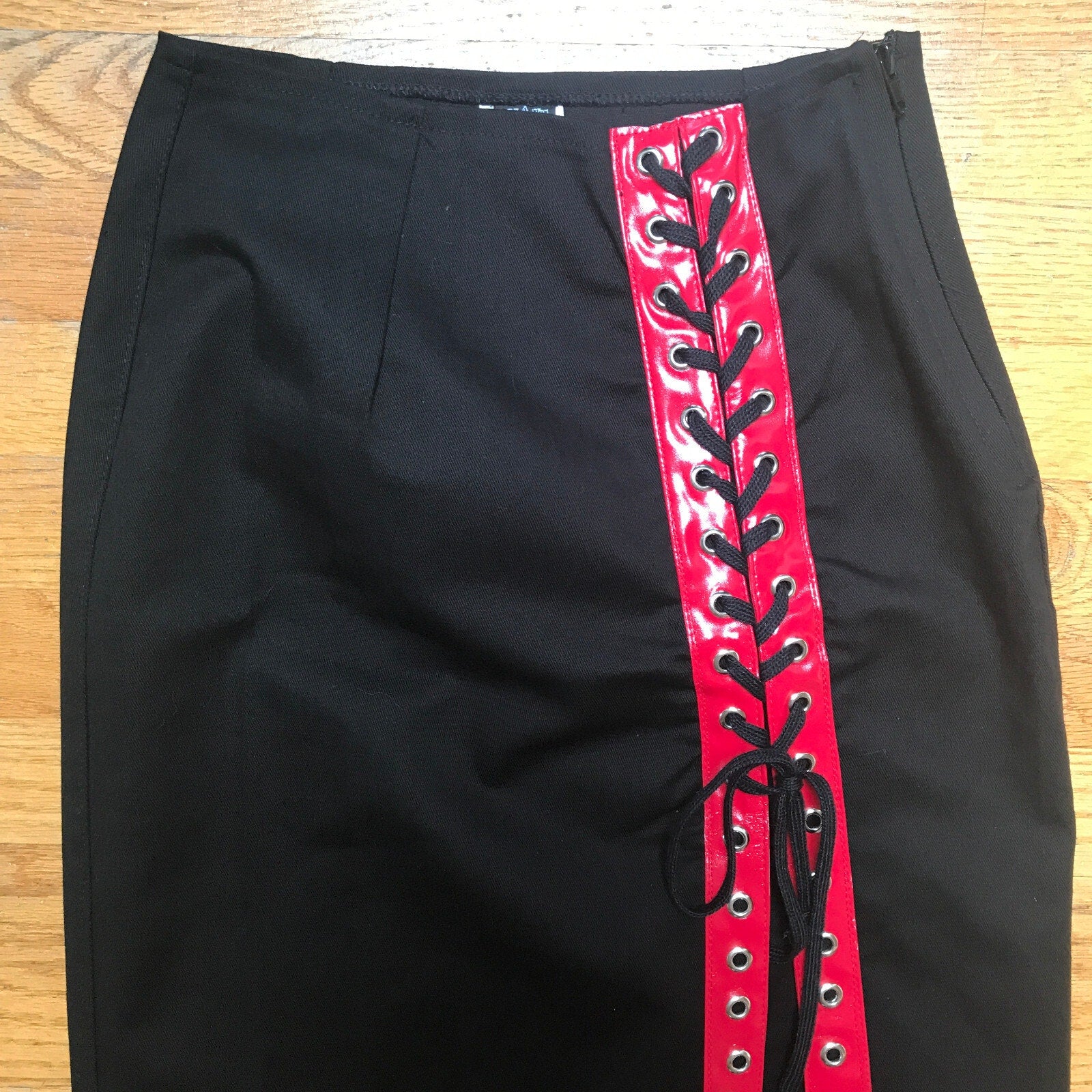 Phaze UK Punk Goth Black Cotton Red Vinyl Lacing Long Skirt