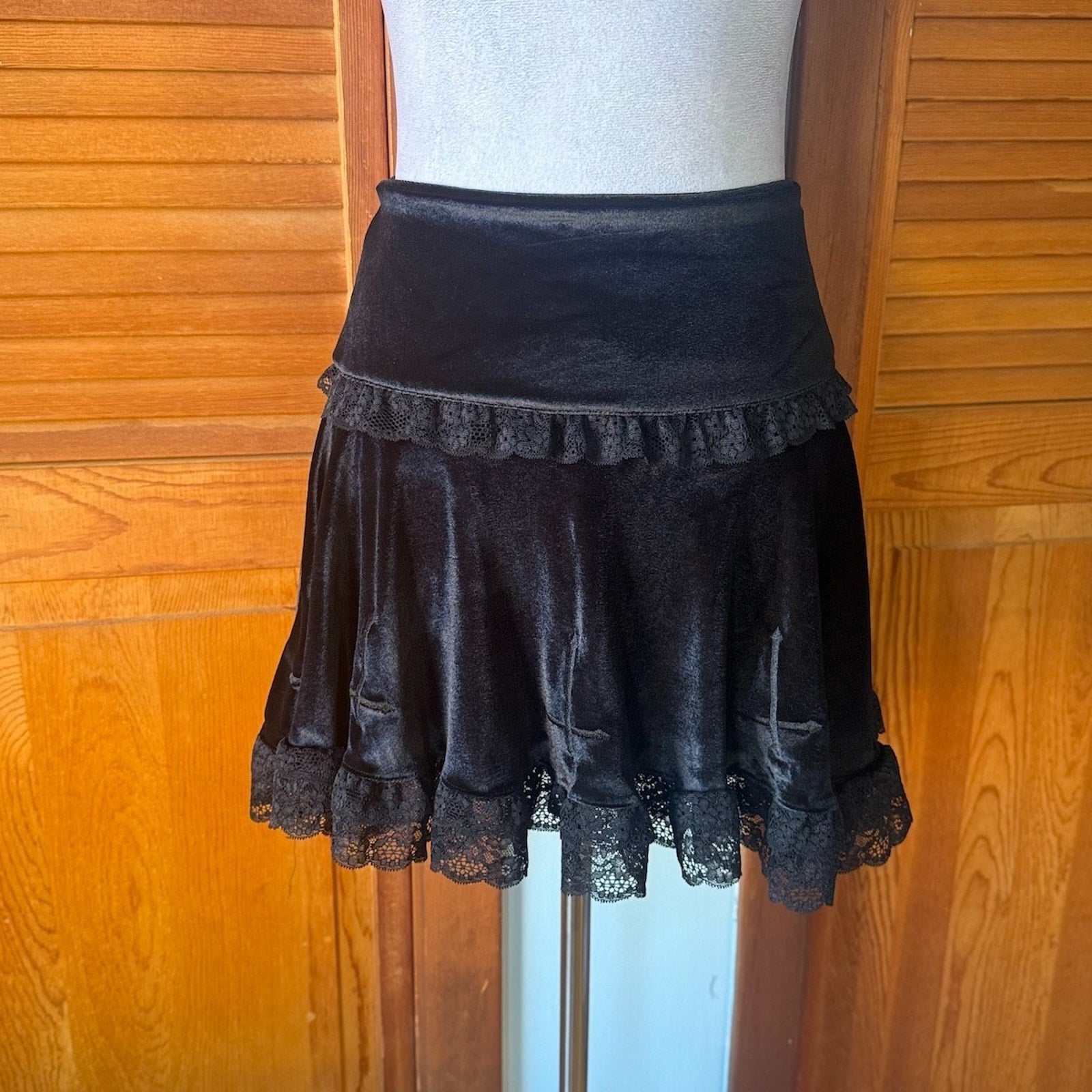 Gothic Victorian Witchcore Lolita Vkei Black Velvet Cross & Ruffle Mini Skirt