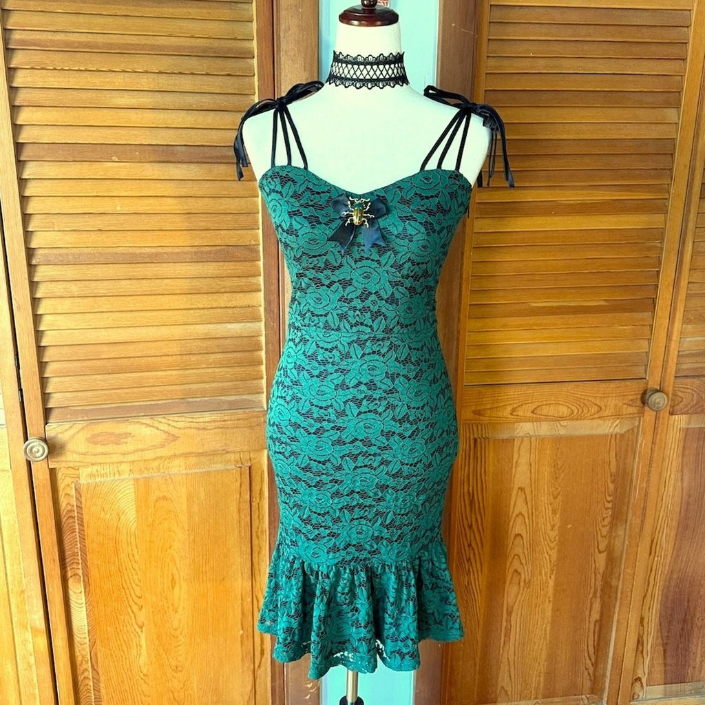 Voodoo Vixen Gothic Fairy Dark Fairycore Beetle Lover Green & Black Lace Dress S