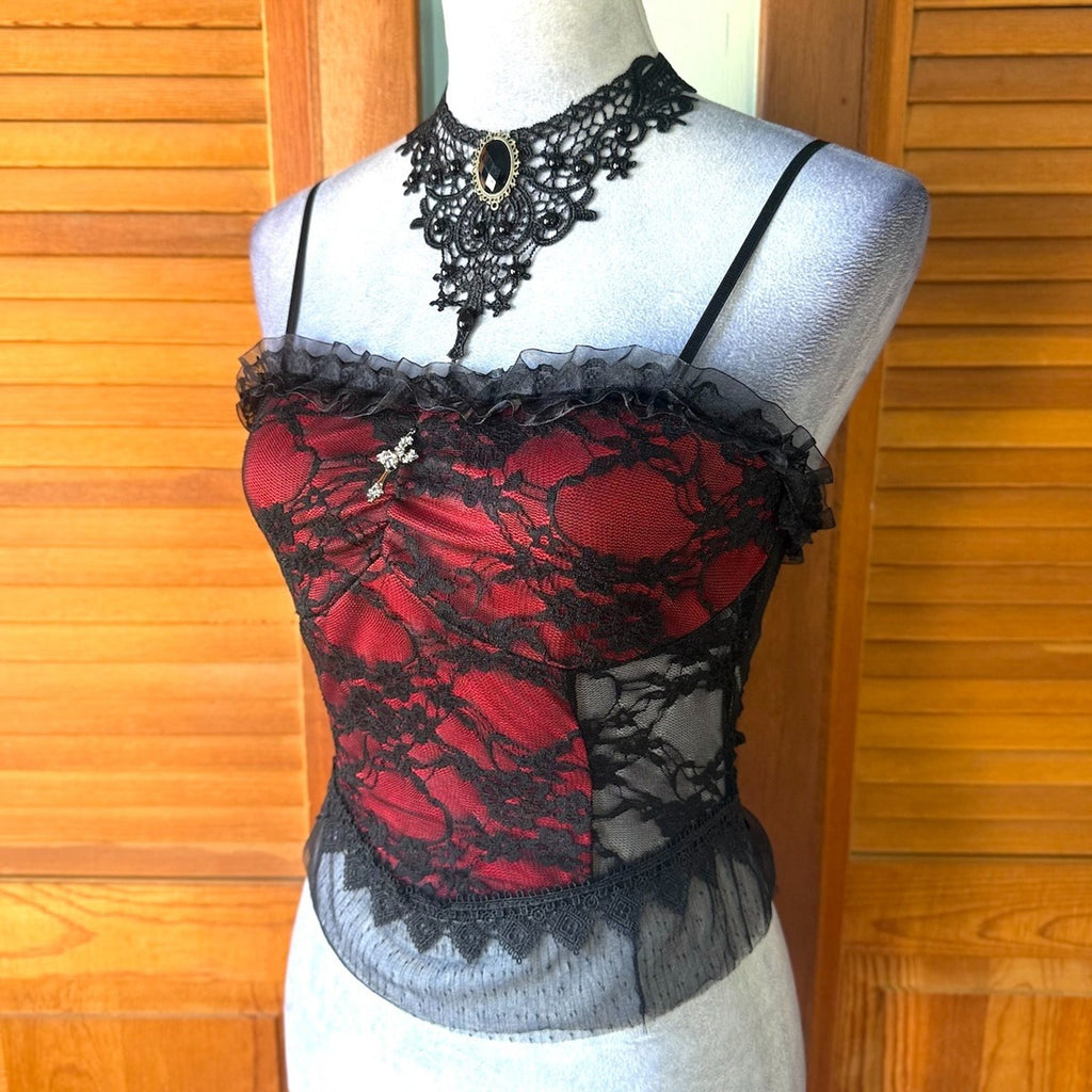 Gothic Victorian Vampire Vkei Blood Red Roses Black Lace Tank Cami Top