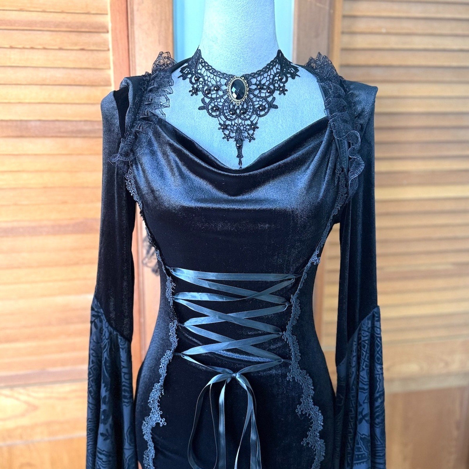 Gothic Victorian Vampire Witchcore Sabbath Night Out Black Velvet Hooded Dress