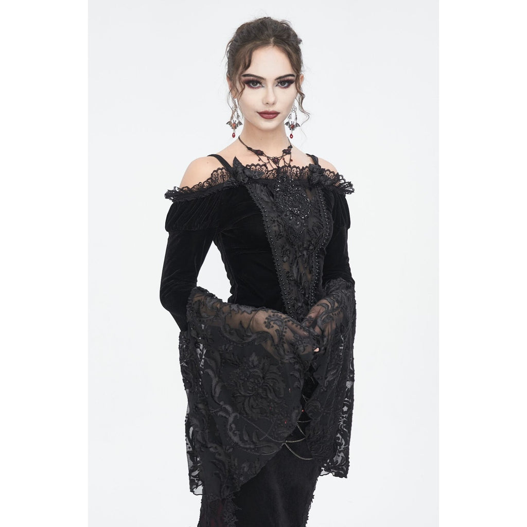 Devil Fashion Gothic Victorian Vampire Black Velvet Beaded Rose & Lace Top