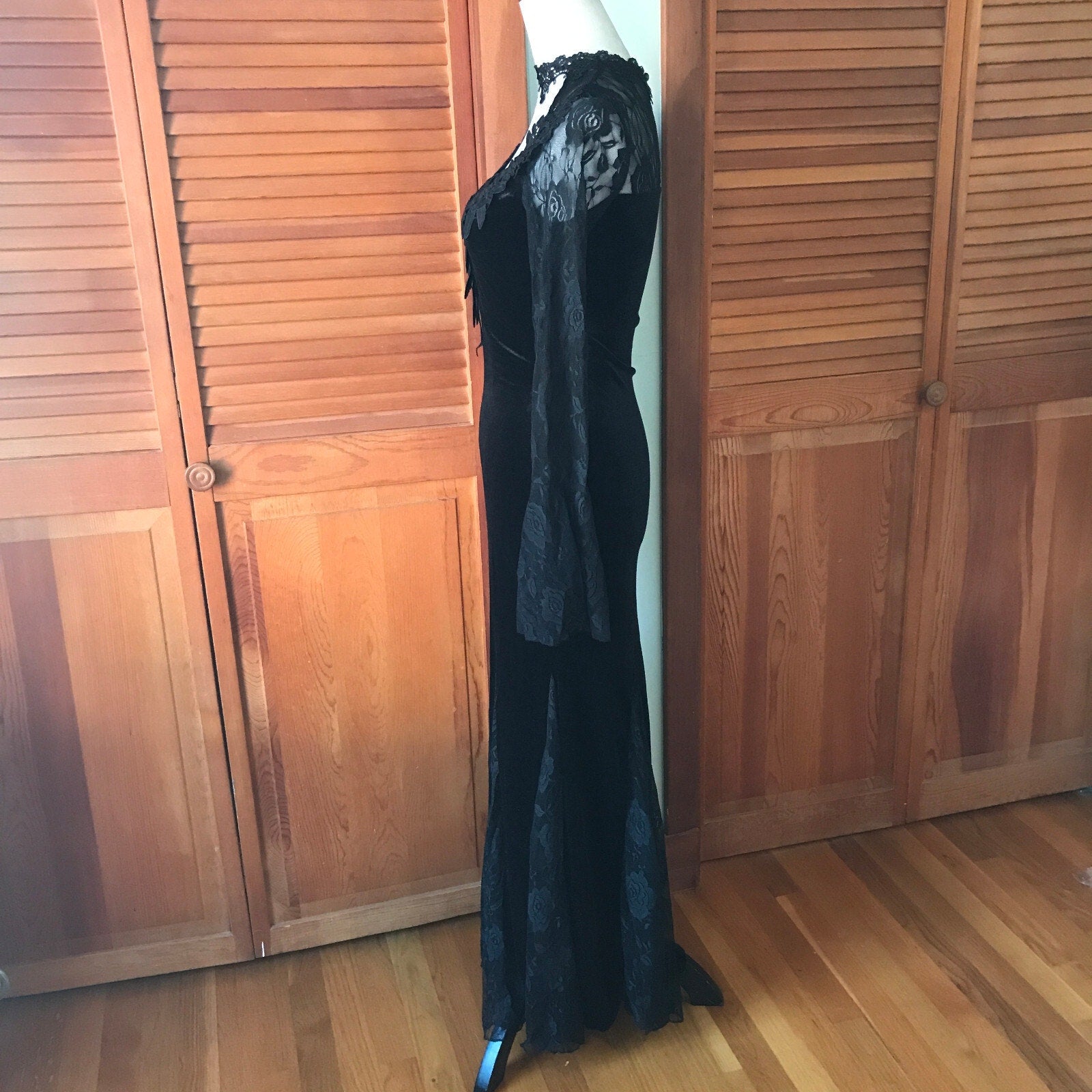 Gothic Victorian Flowers of Evil Black Velvet & Lace Morticia Gown Dress