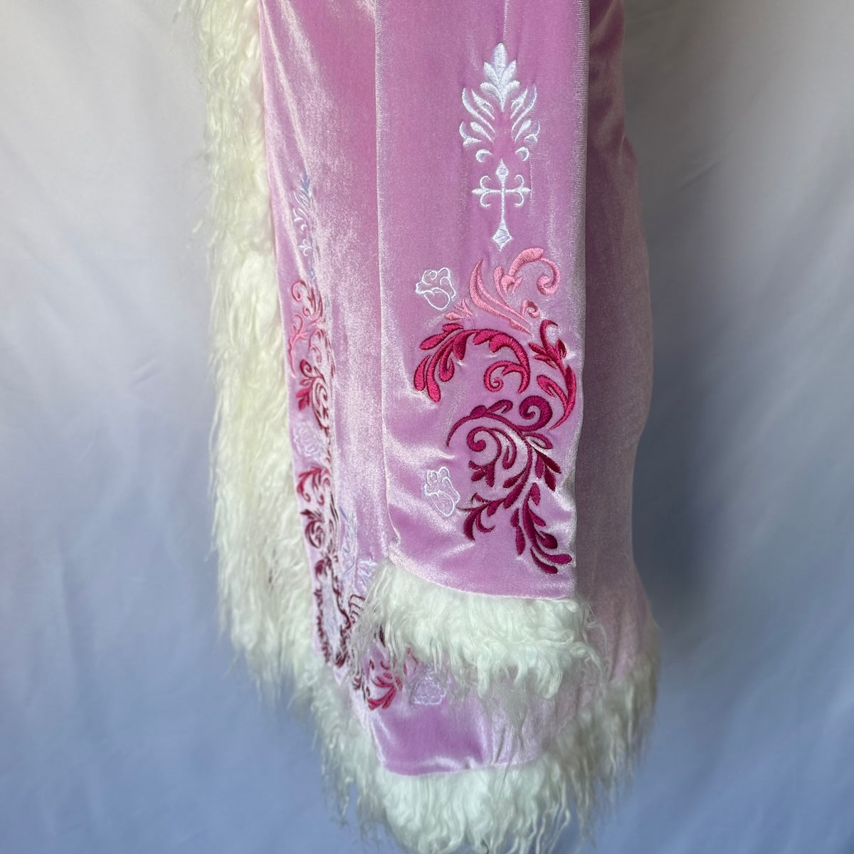Dolls Kill Whimsigoth Victorian Dollcore Embroidered Pink Faux Fur Trim Jacket