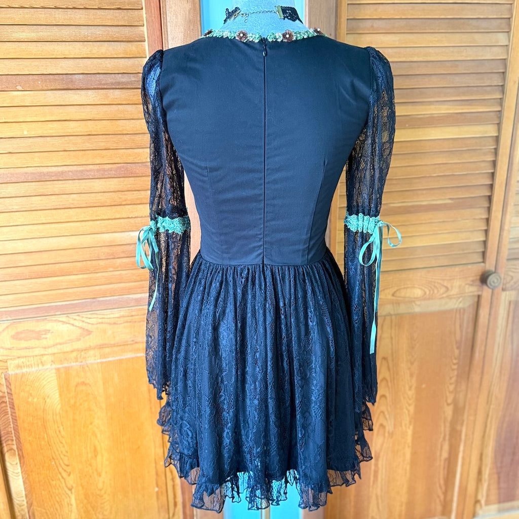Gothic Fairy Dolls Kill Black Lace Green Lace Up Panel Dress
