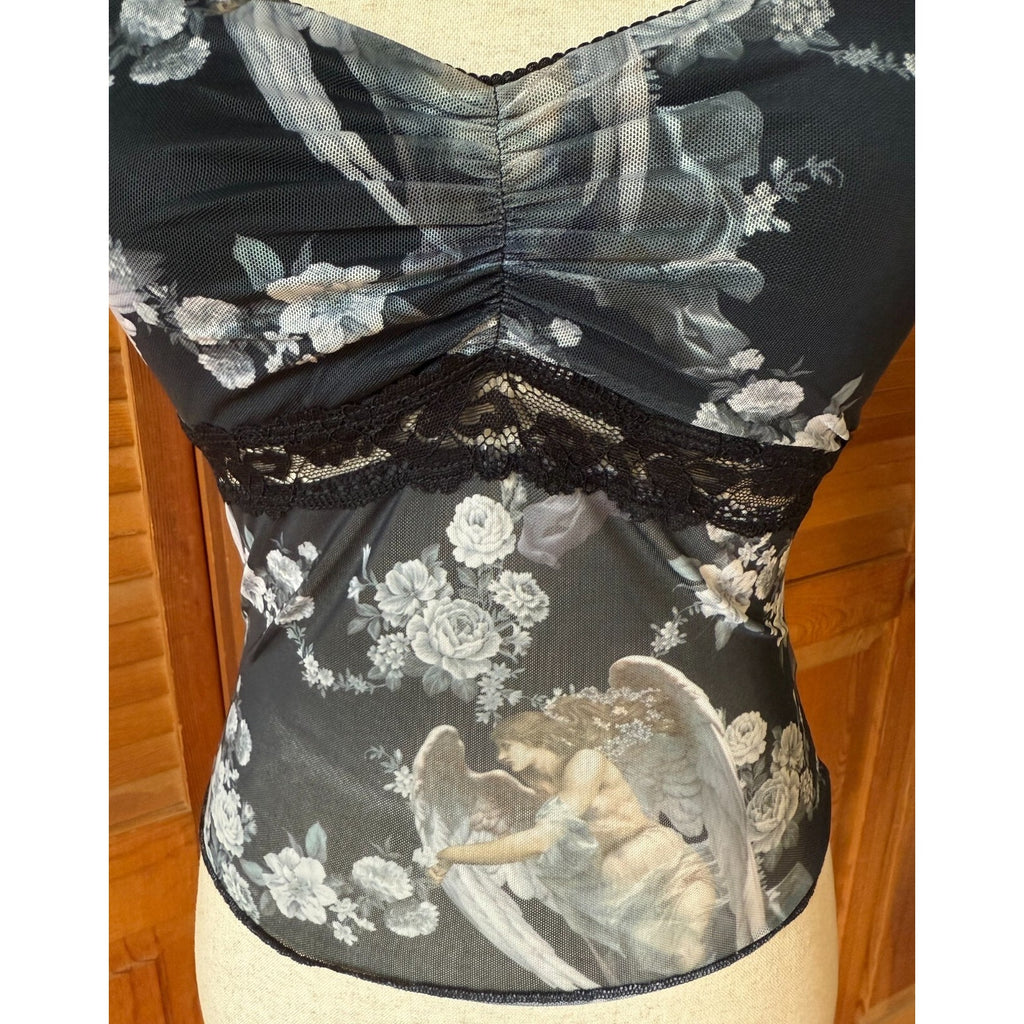 Dolls Kill Gothic Victorian Come My Sweet Angel Floral Lace Strap Cami Top