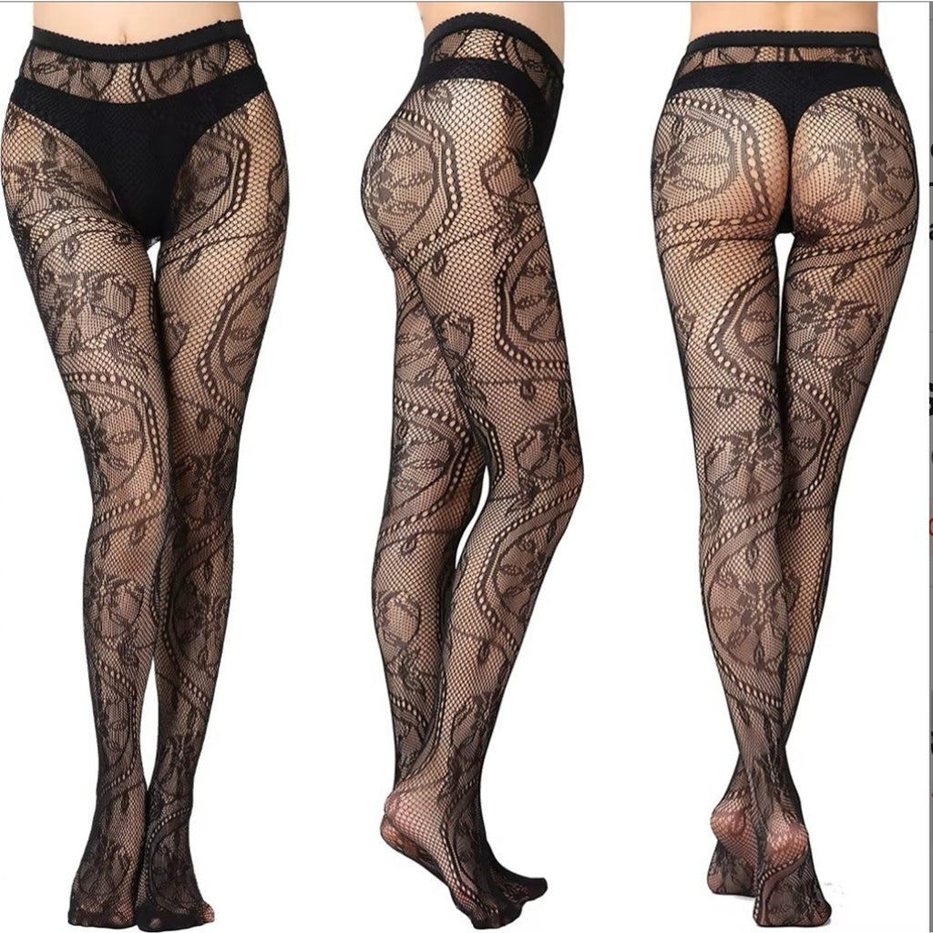 Gothic Victorian Vampire Dark Fairycore Black Floral Lace Pantyhose Stockings
