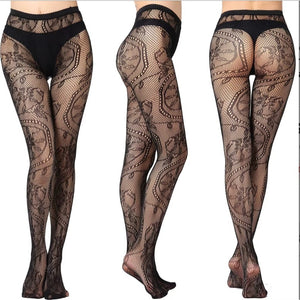 Gothic Victorian Vampire Dark Fairycore Black Floral Lace Pantyhose Stockings