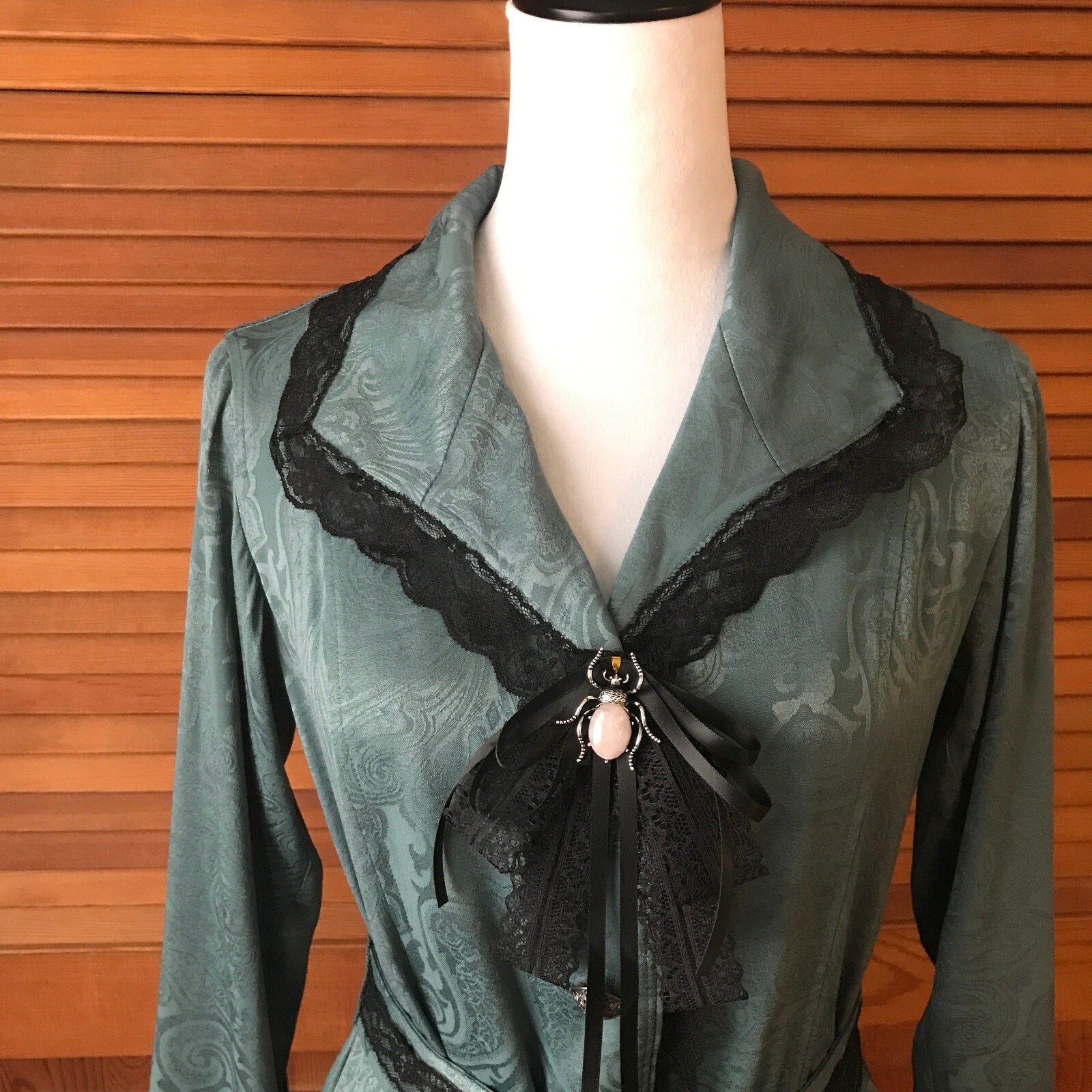 Gothic Lolita Victorian Green Jacquard Light Duster Jacket Dress w/ Bow XS