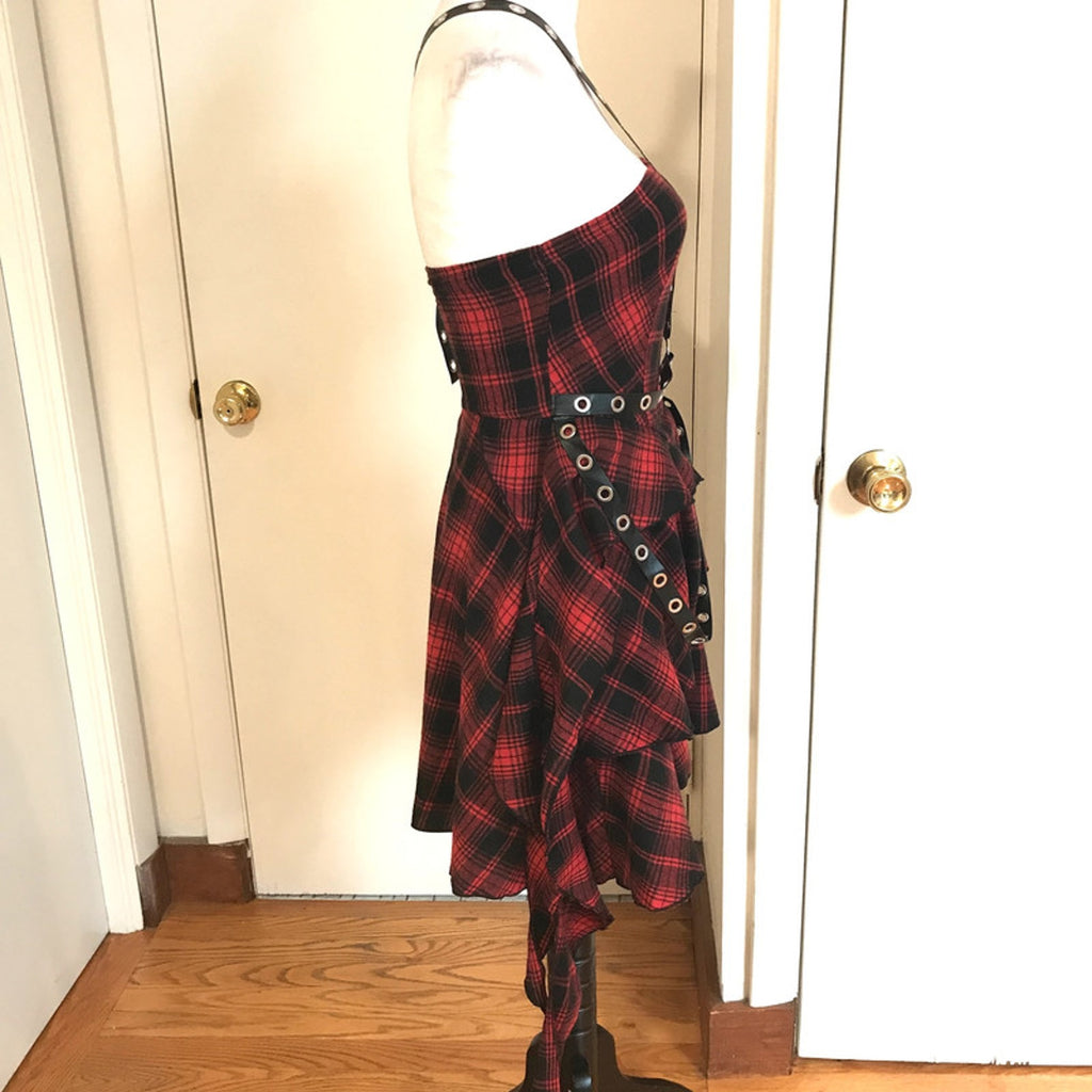 Punk Goth Visual Kei Red Plaid Tartan Pixie Hem Shoulder Strap Dress S