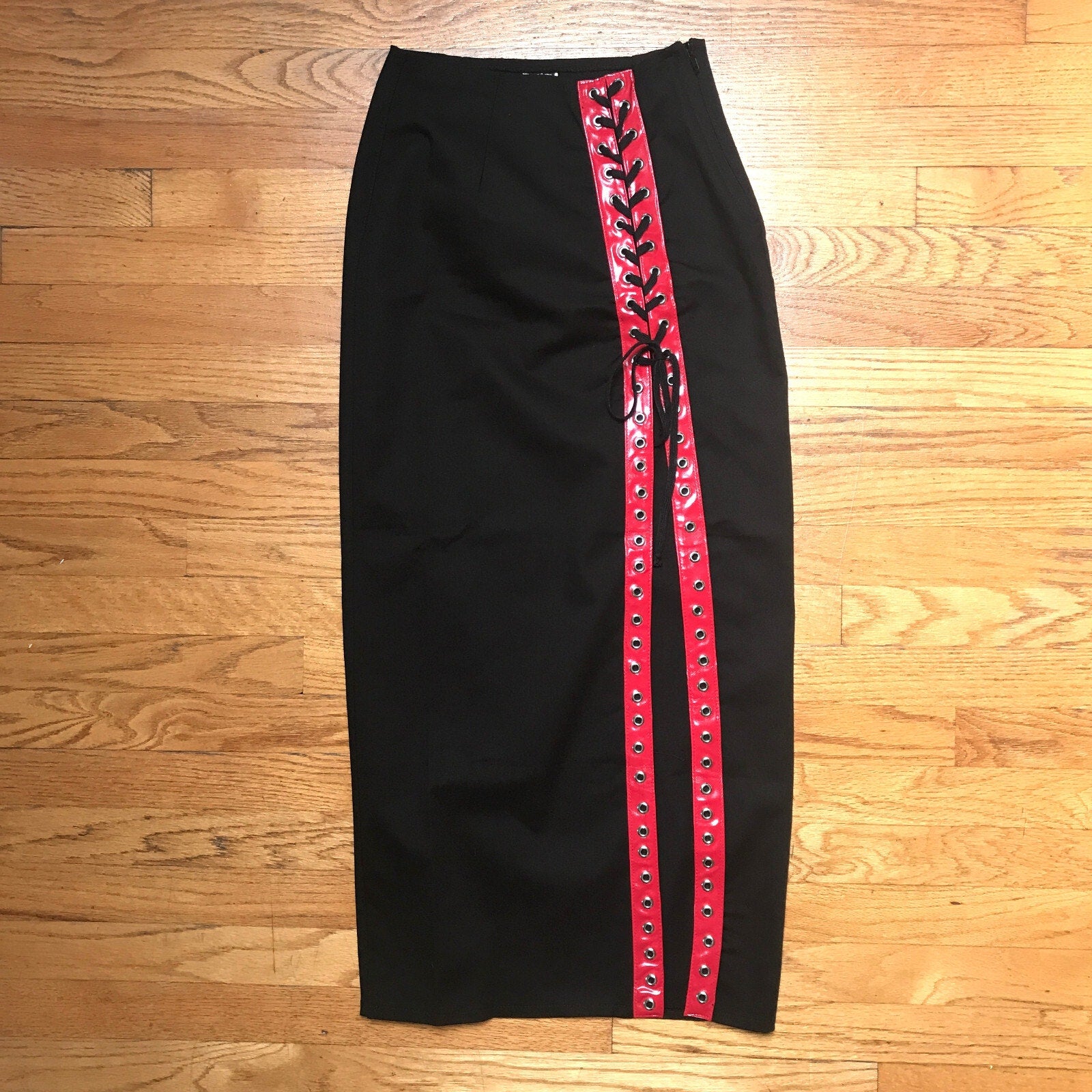 Phaze UK Punk Goth Black Cotton Red Vinyl Lacing Long Skirt