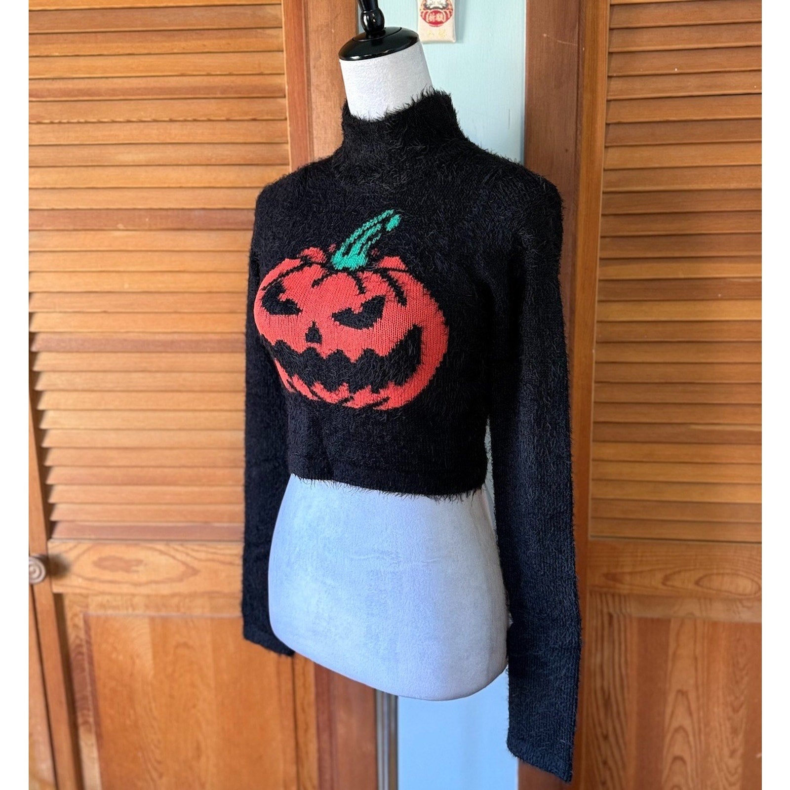 Dolls Kill Goth Punk Witch Halloween Black Orange Pumpkin Fuzzy Sweater