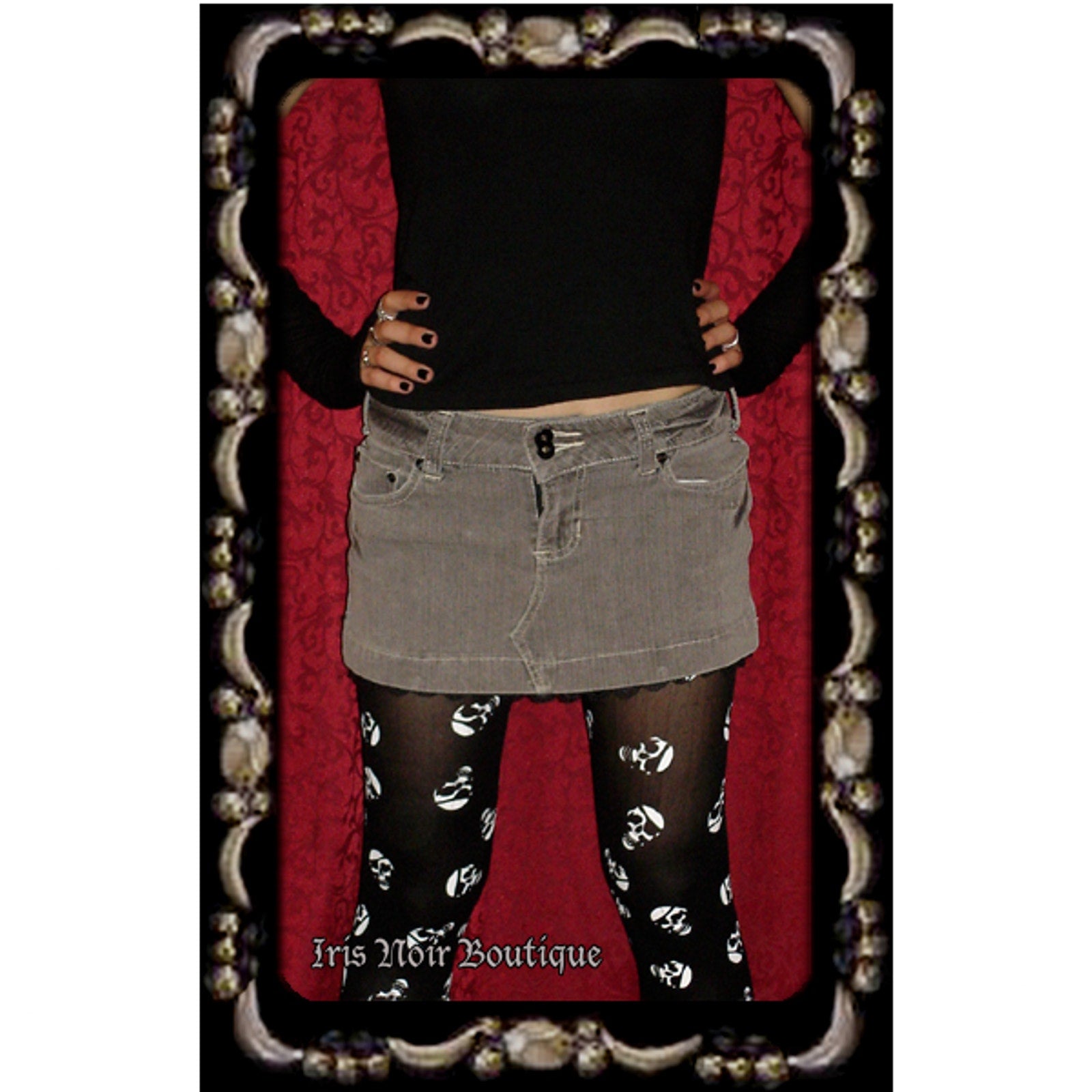 Punk Goth Gray Denim Rainy Day Mini Skirt w/ Black Lace Trim 9