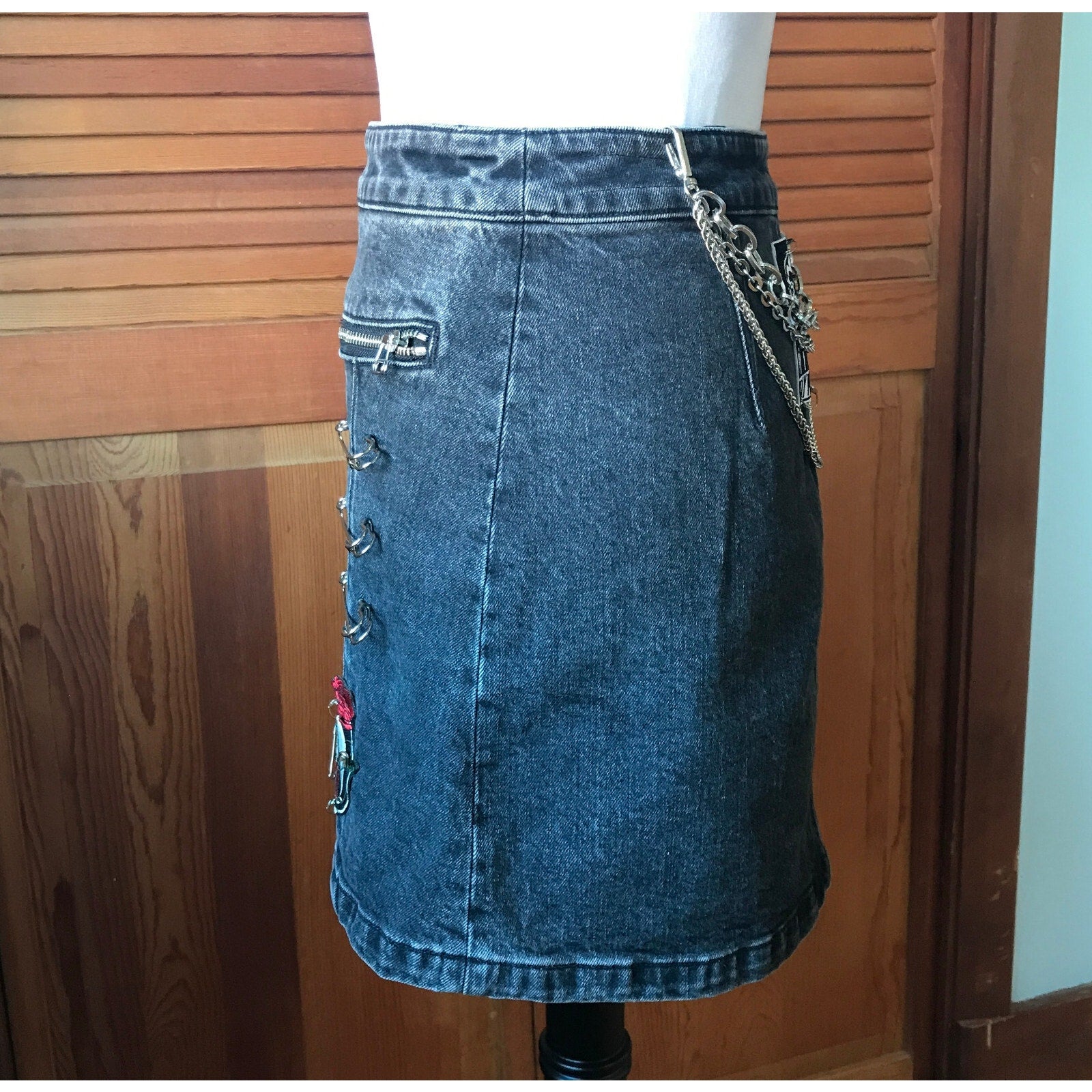 Punk Goth Dark Gray Denim Patches, Safety Pins & Chains Skirt XS 0