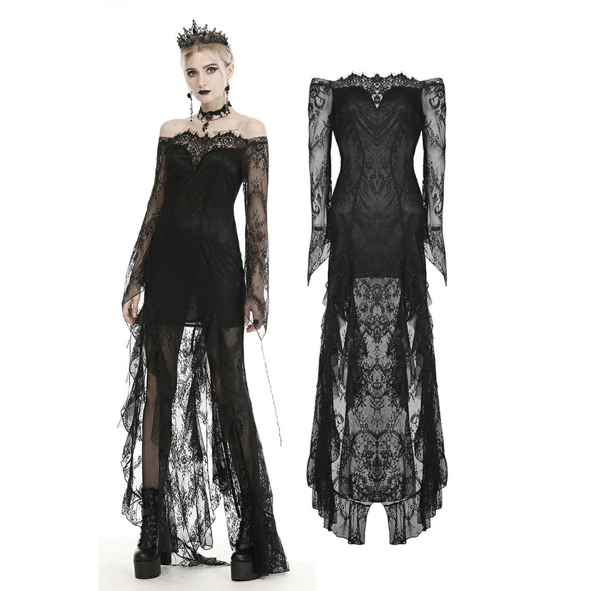 Dark In Love Gothic Victorian Vkei Black Lace Swallowtail Mermaid Dress