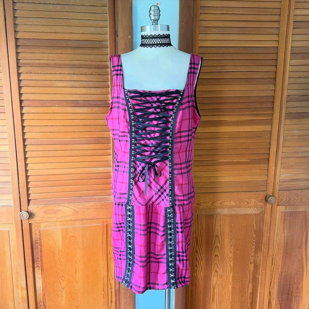 Vintage Lip Service Punk Goth Pink Plaid Lace-Up Hooks Dress Size 16