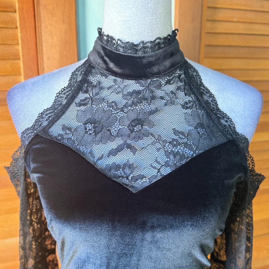 Gothic Victorian Vampire Dark Fairycore Velvet & Lace Bell Sleeve Mini Dress