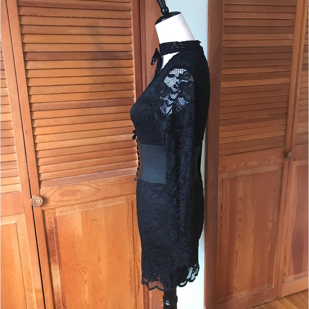 Gothic Victorian Black Lace Revamped Mini Dress w/ Cincher Belt S