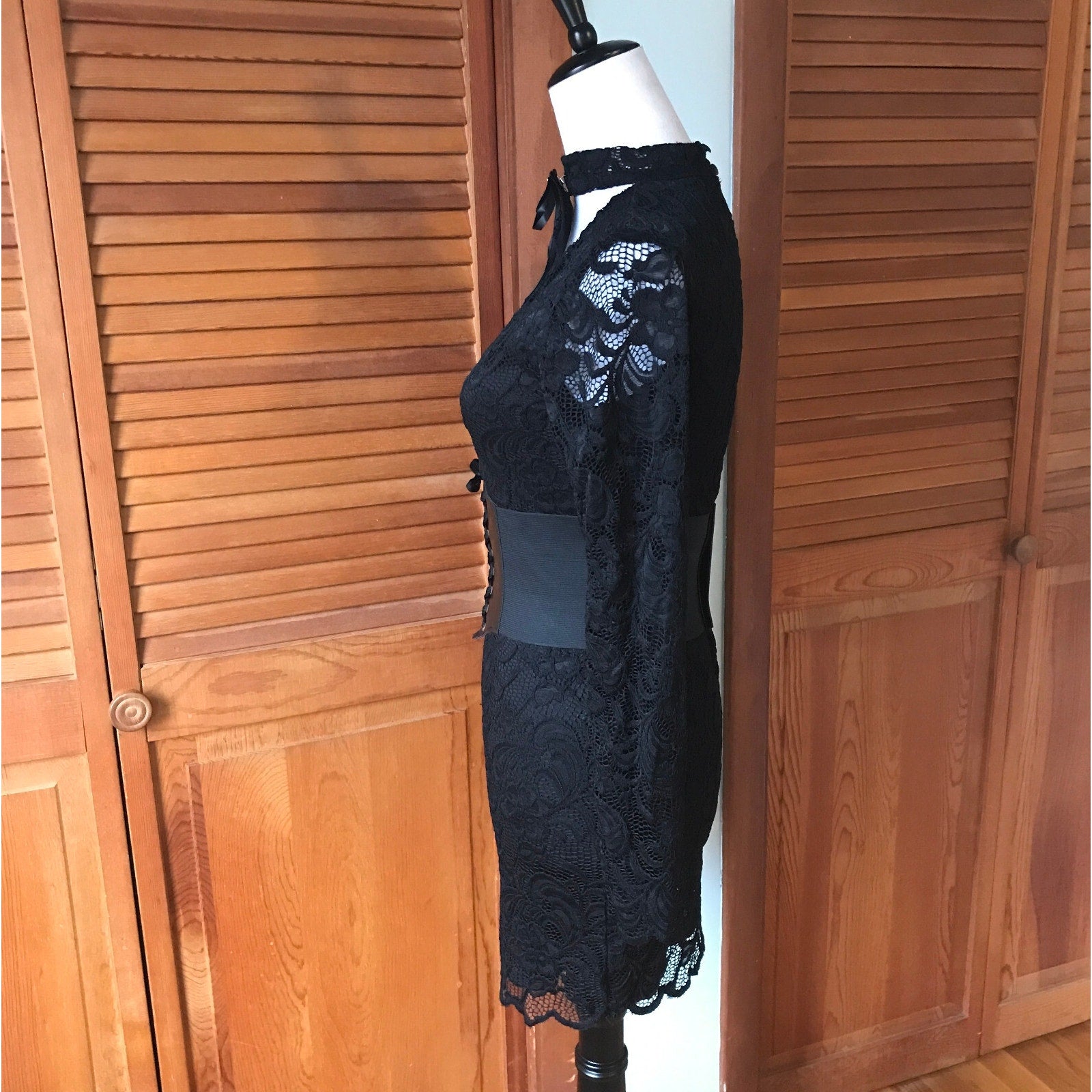 Gothic Victorian Black Lace Revamped Mini Dress w/ Cincher Belt S