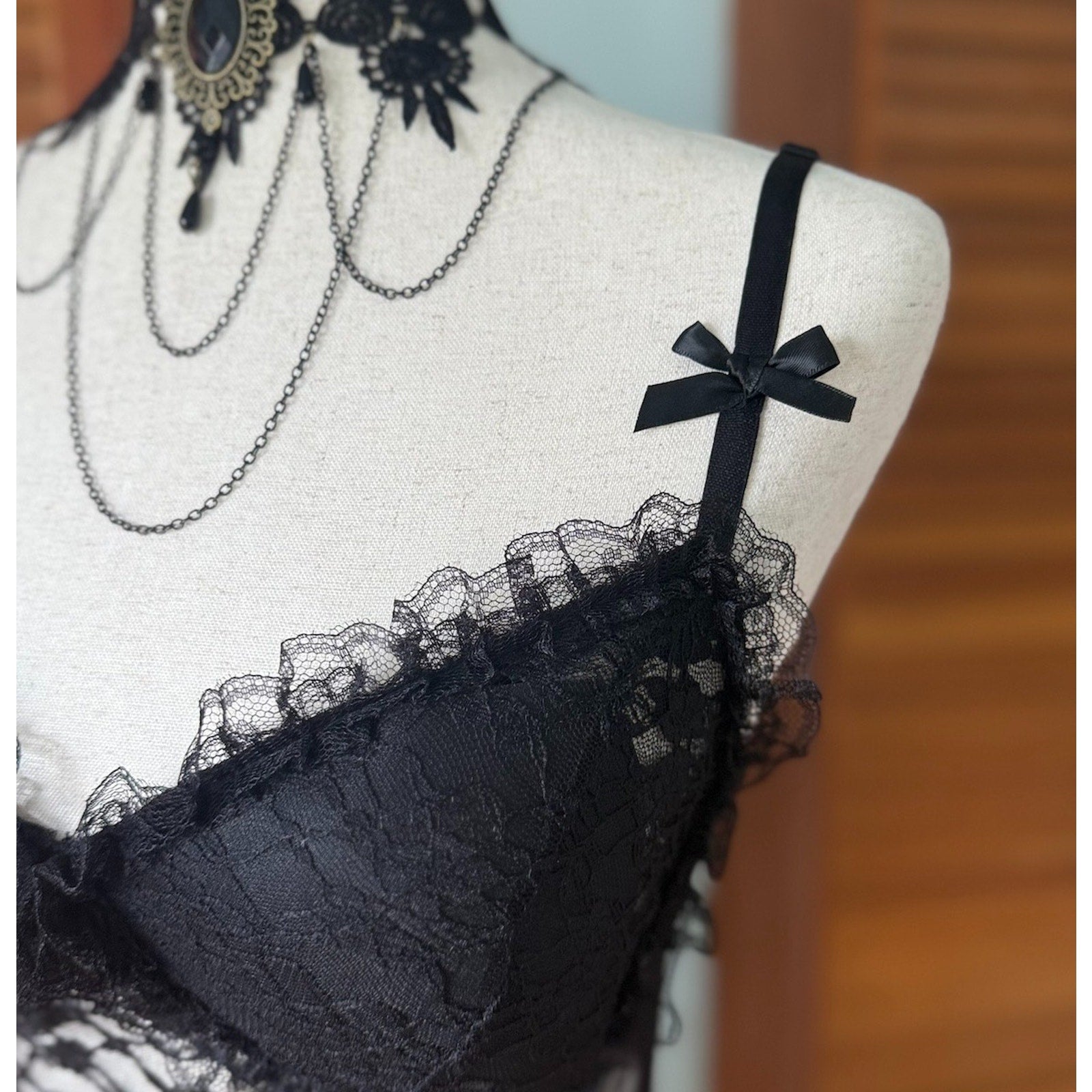 Gothic Lolita Victorian Fairycore Dark Cottage EGL Black Lace Bows Cami Top