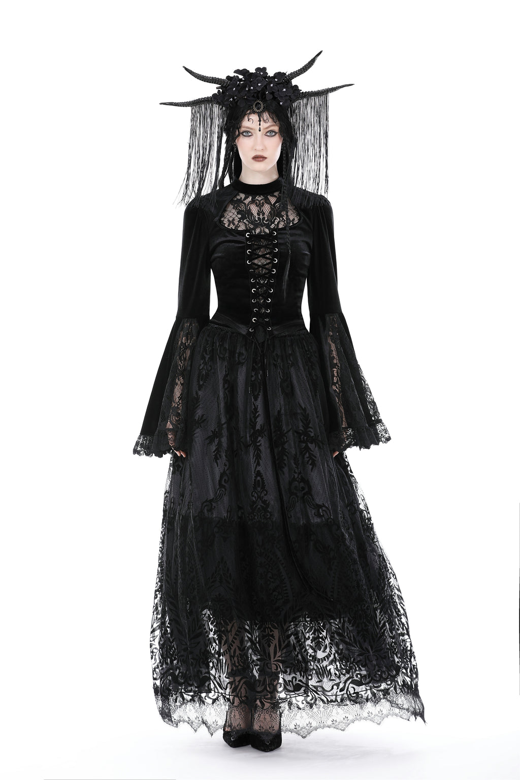 Dark in Love Victorian Vkei Velvet & Lace Belle Sleeve Lace-Up Front Top