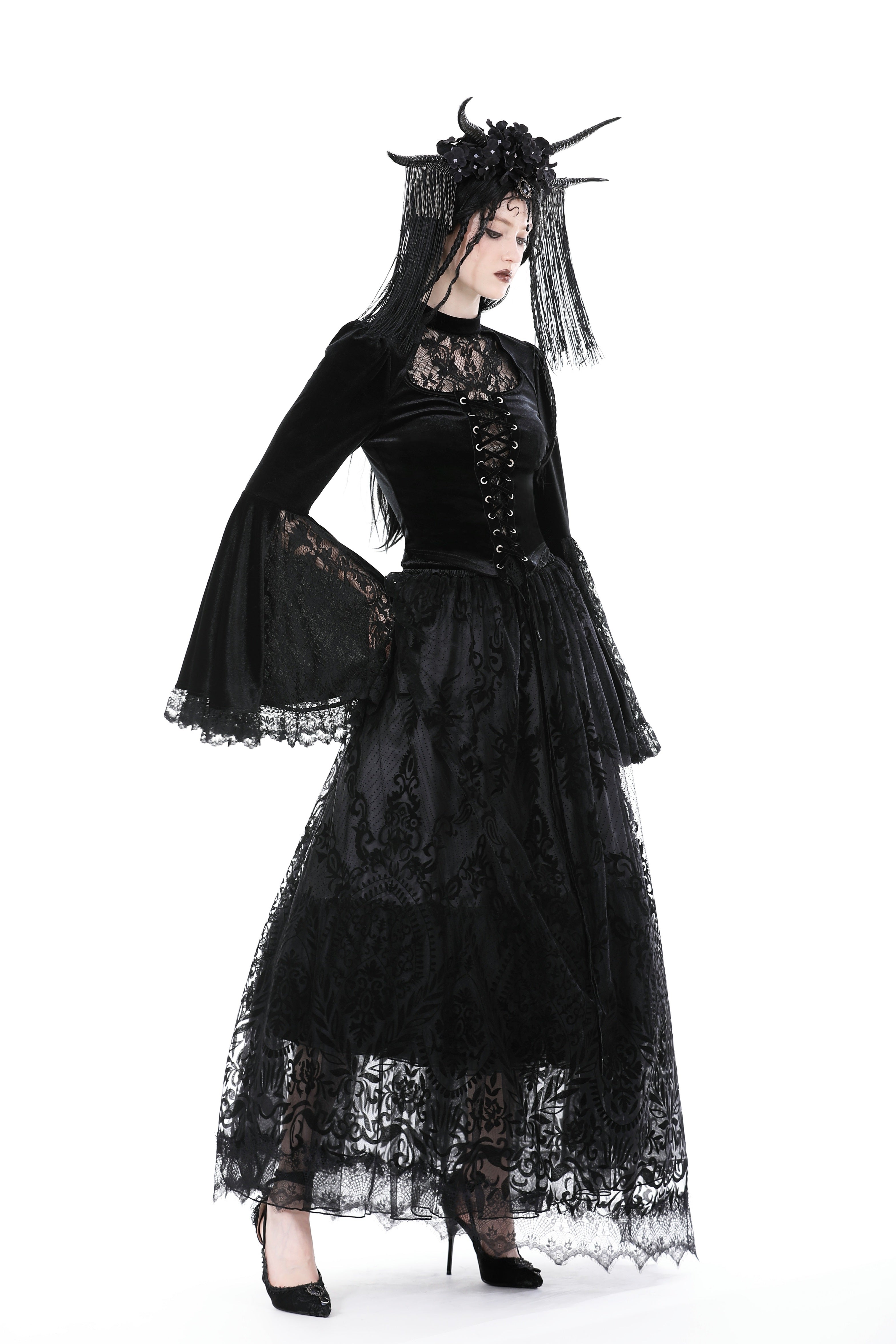 Dark in Love Victorian Vkei Velvet & Lace Belle Sleeve Lace-Up Front Top