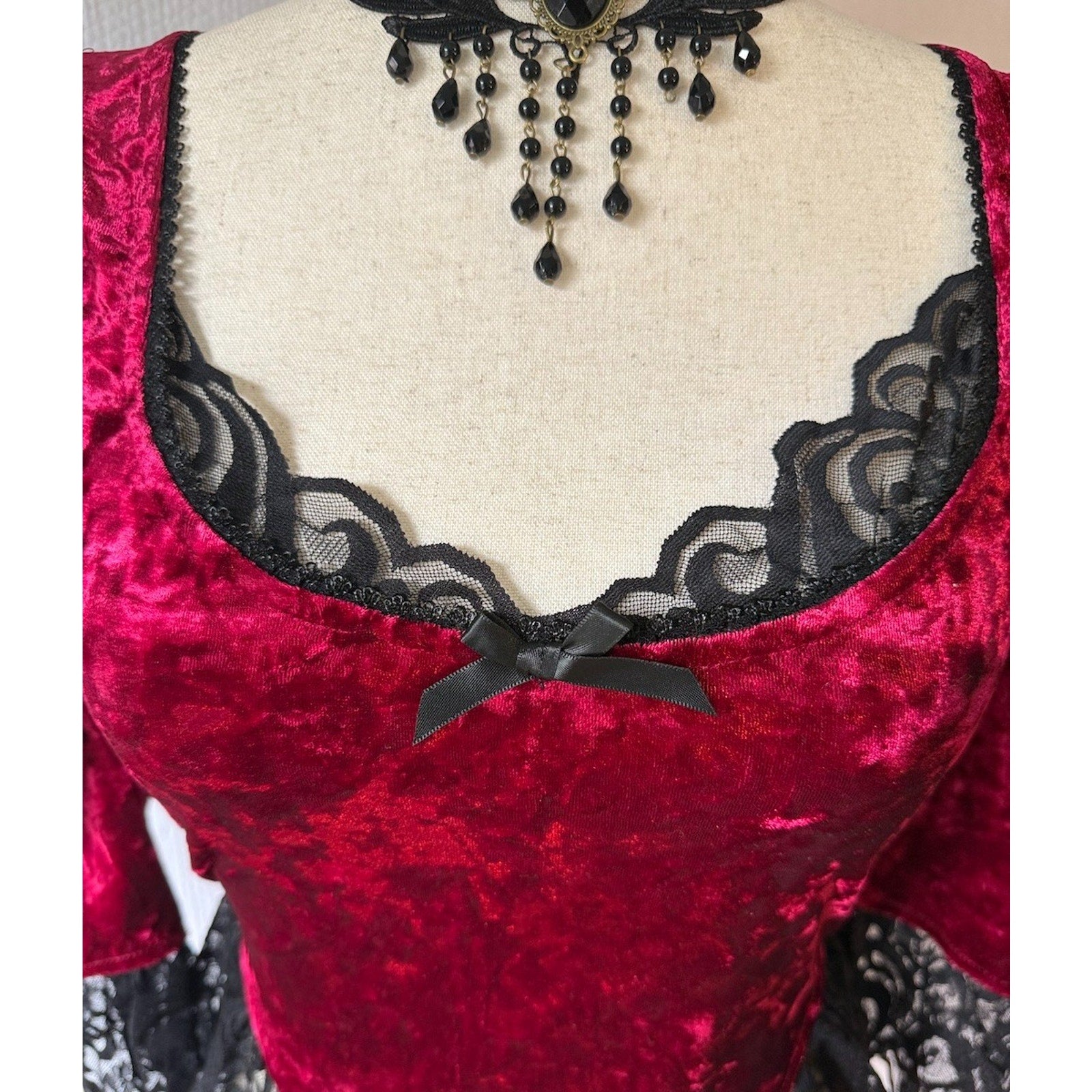 Dolls Kill Widow Vampire Gothic Victorian Blood Red Velvet & Black Lace Top