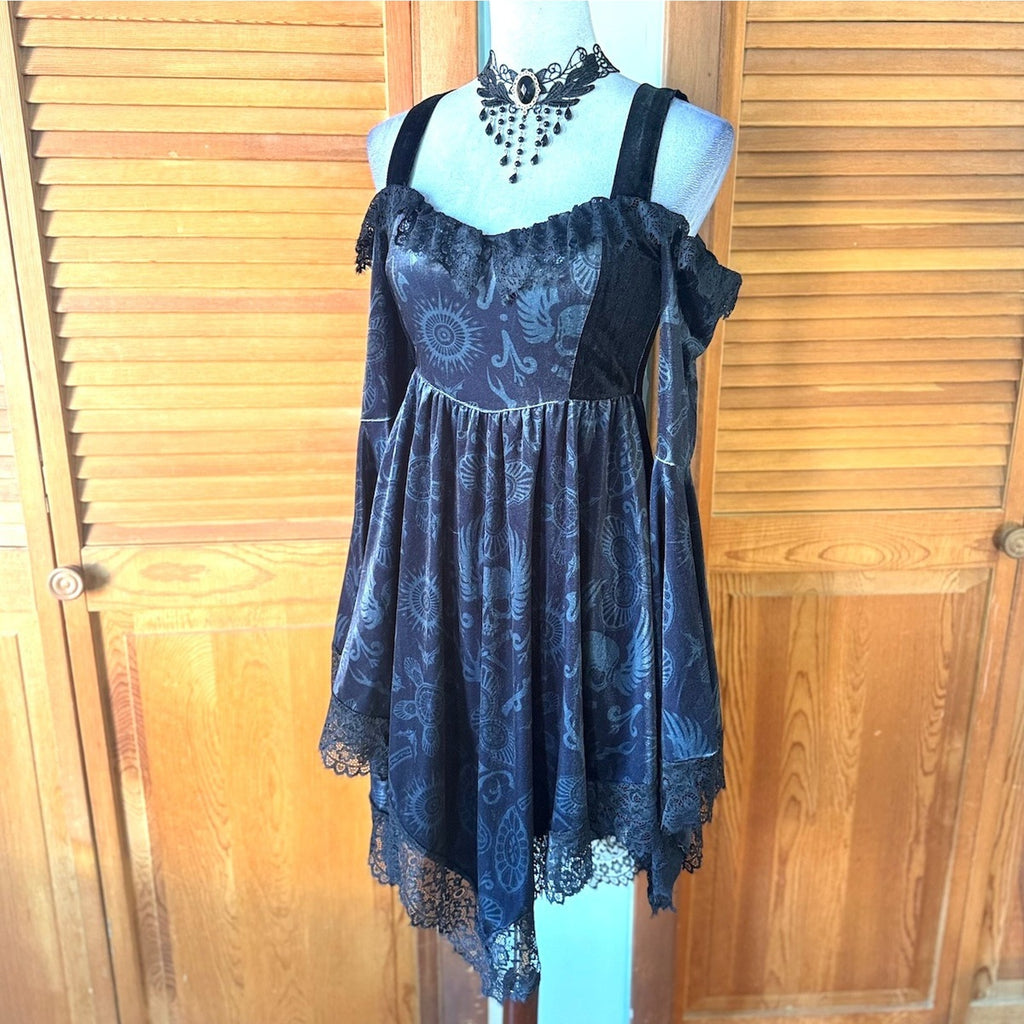 Killstar x The Lost Boys Gothic Victorian Vampire Gray Velvet Skull Dress S