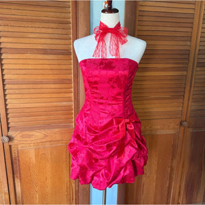 Vintage Burlesque Jessica McClintock Red Brocade Bow Party Cocktail Dress 7 S-M