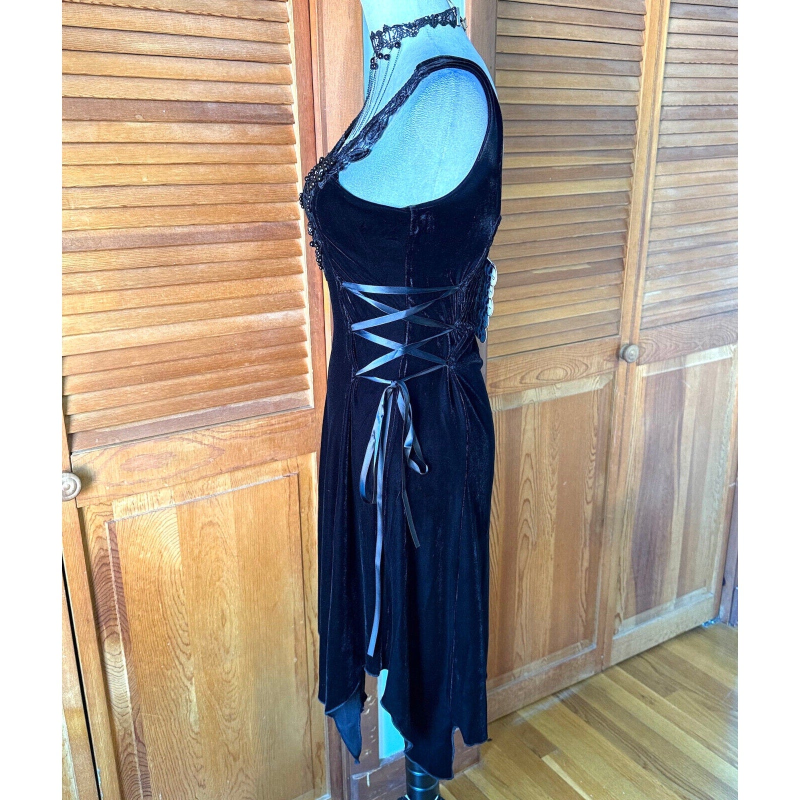 Devil Fashion Gothic Victorian Dark Fairy Beaded Lace-Up Sides Mini Dress