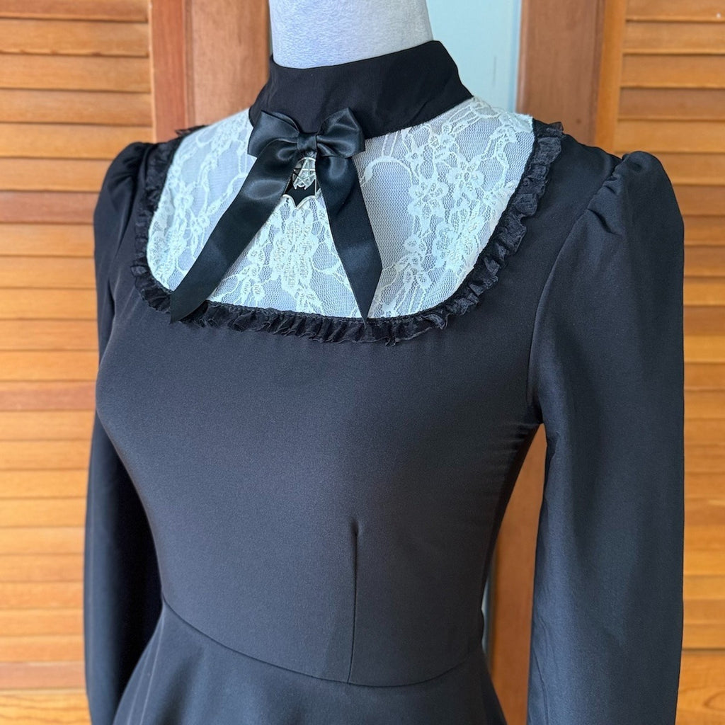 Dolls Kill Gothic Lolita Wednesday Addams Pentagram Bat White Lace Bow Dress S