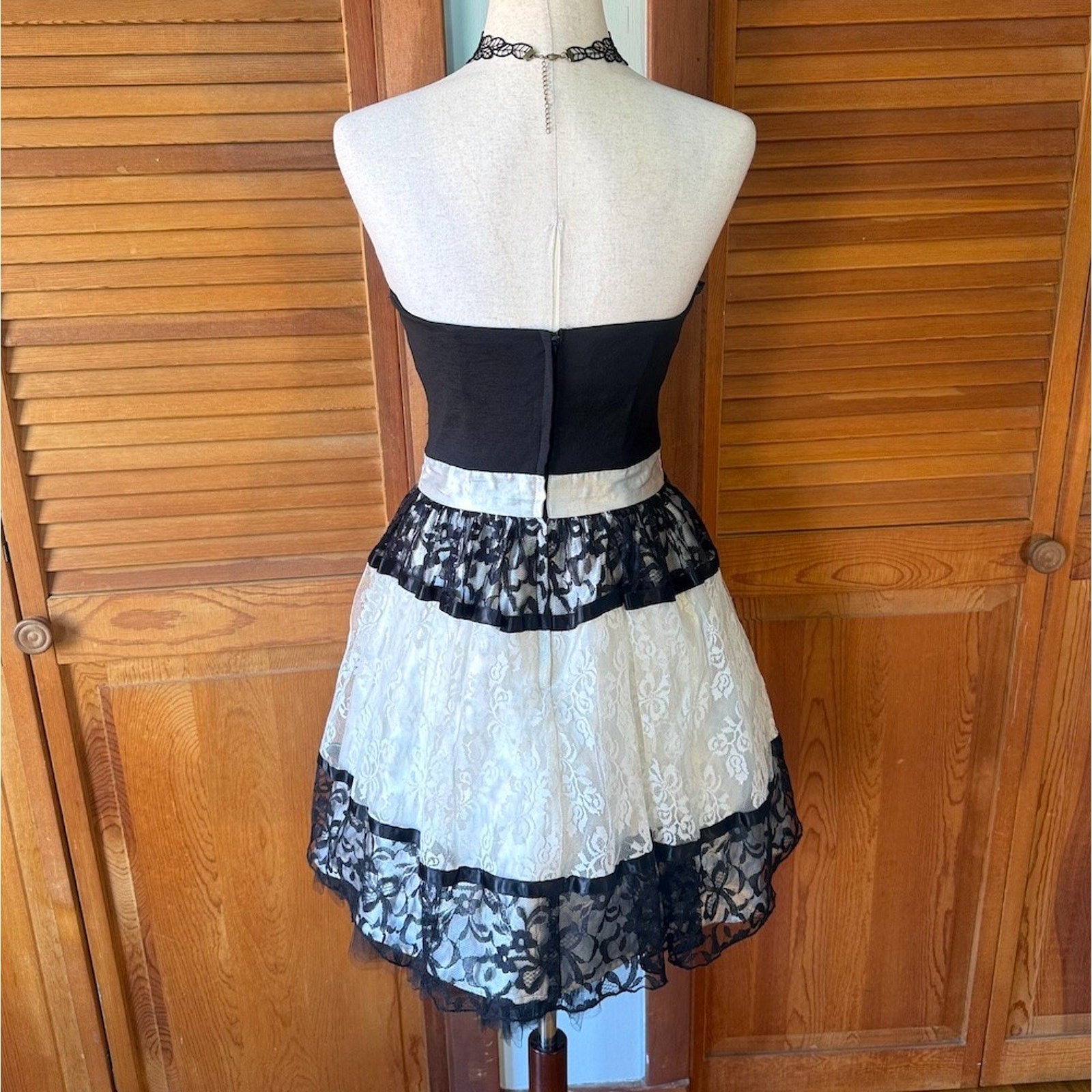 Vintage Jessica McClintock Gunne Sax Retro Ivory Black Bow Strapless Dress 11=M