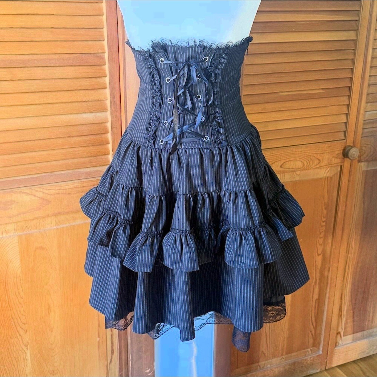 Gothic Lolita EGL Punk Princess ACDC Rag High Waist Pin Stripe Ruffle Skirt XS