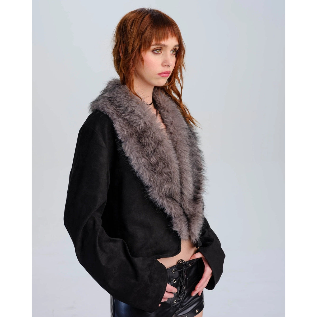 Goth Punk Vampire Werewolf Unleashed Black Gray Faux Fur Collar Fall Jacket