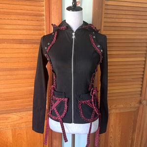 Tripp NYC Gothic Lolita Punk Black & Red Plaid Accents Lace-Up Sides Hoodie