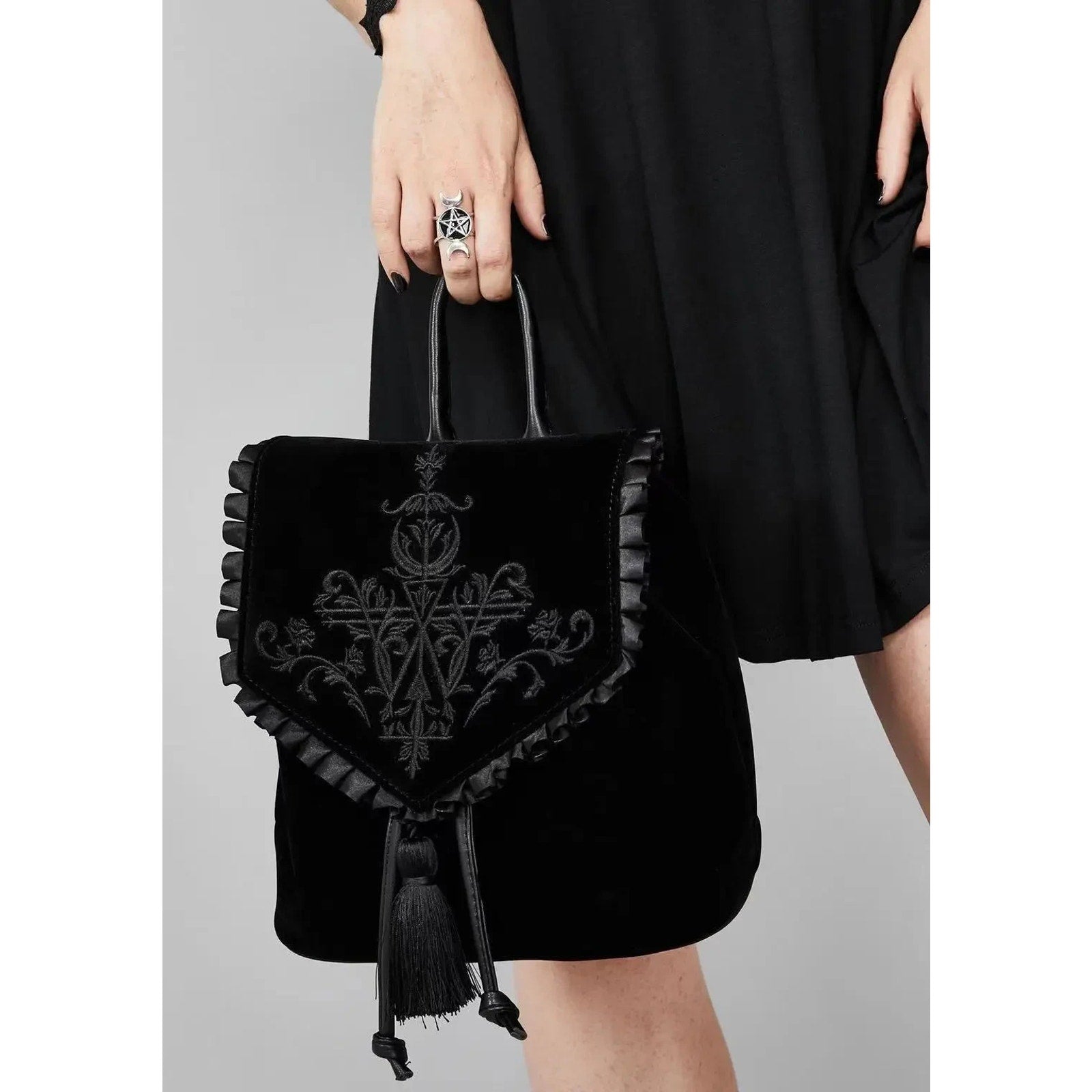 Gothic Victorian Witchy Black Velvet Embroidered Mini Backpack Bucket Purse Bag