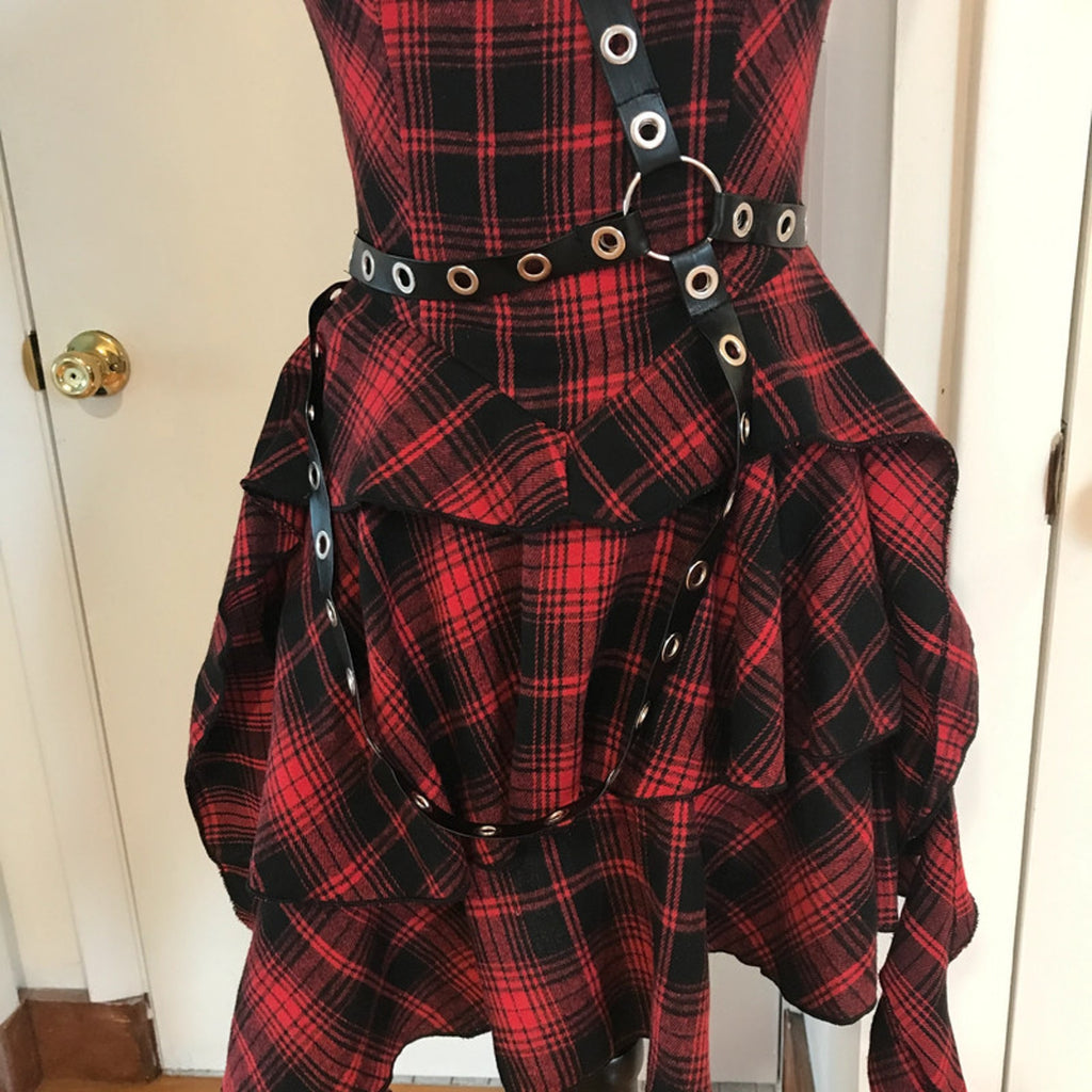 Punk Goth Visual Kei Red Plaid Tartan Pixie Hem Shoulder Strap Dress S