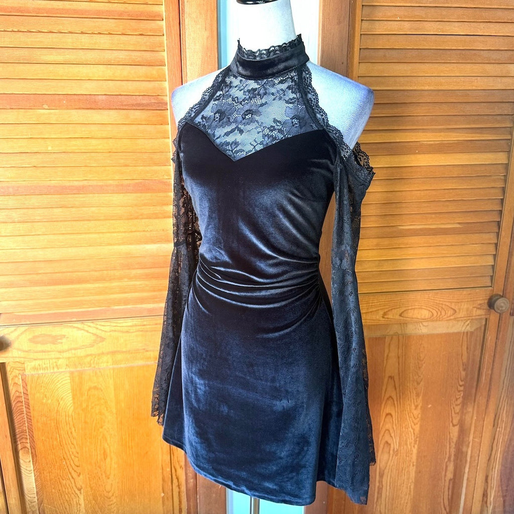 Gothic Victorian Vampire Dark Fairycore Velvet & Lace Bell Sleeve Mini Dress