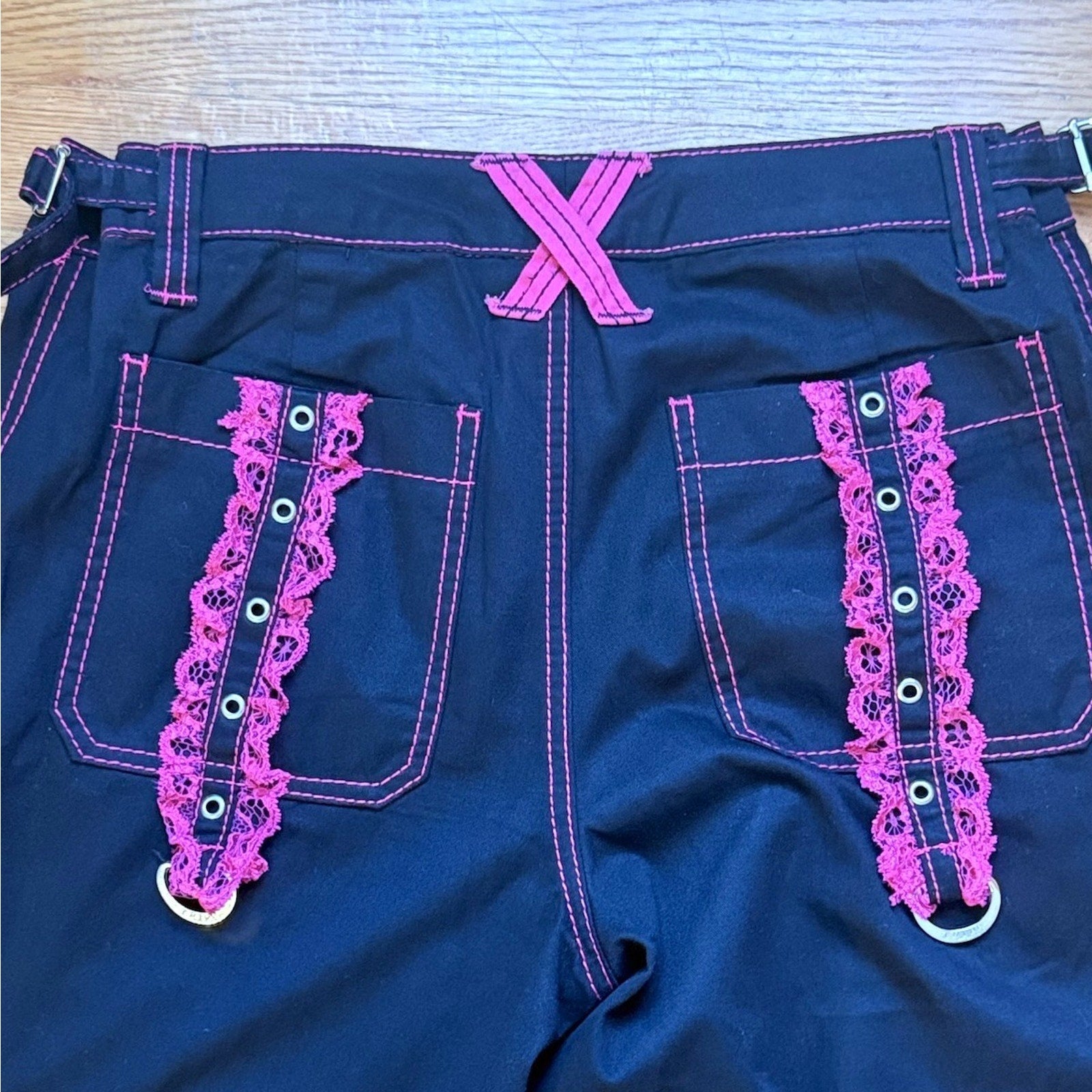 Tripp NYC Gothic Lolita Punk Emo Black Pants w/ Pink Lace Ruffles 29/9