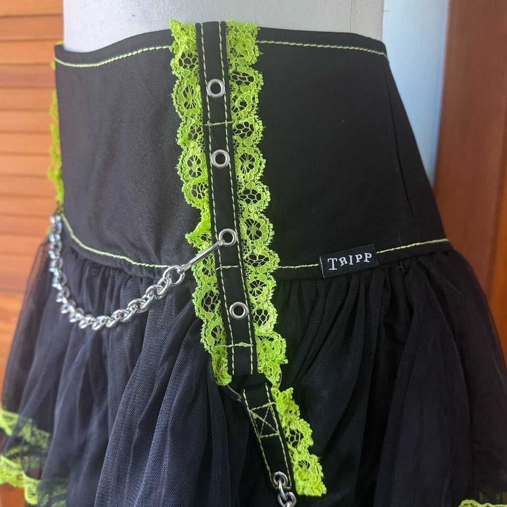 Tripp NYC Gothic Lolita Punk Black Green Lace & Chains Tulle Tutu Mini Skirt XL