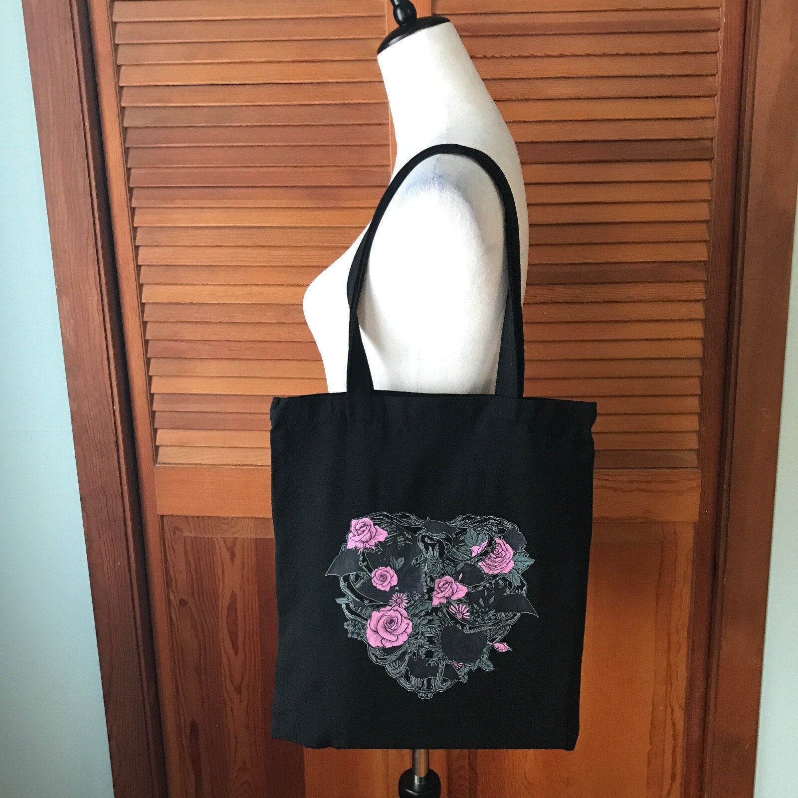 Garden Goth Gothic Lolita EGL Punk Pink & Black Rose Heart Bat Black Tote Bag