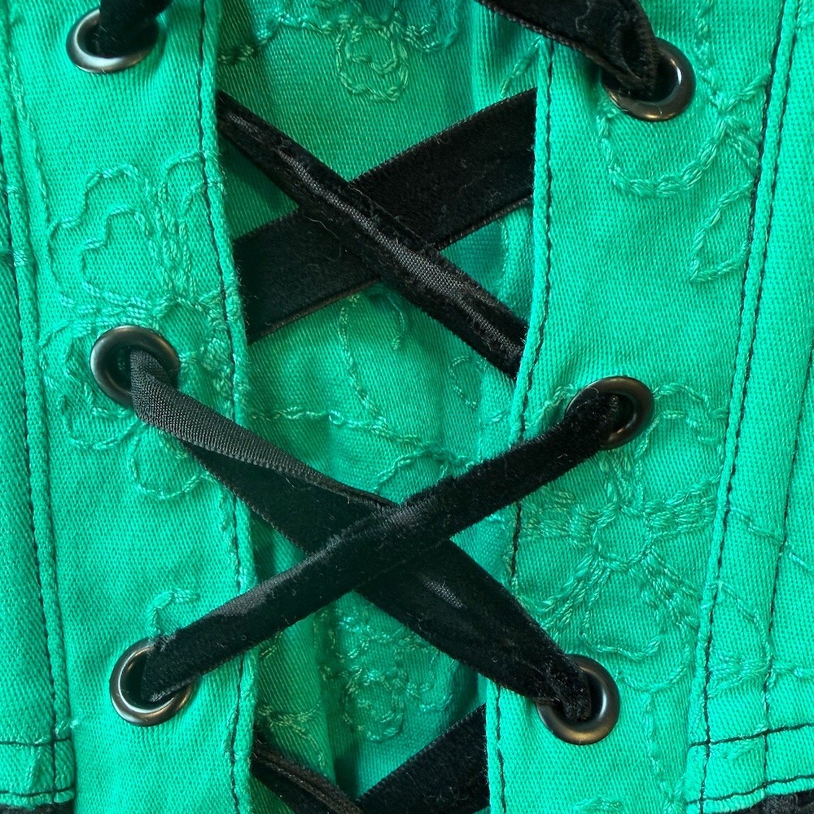 Vintage Tripp NYC Black Velvet Green Jacquard Lace Up Front & Back Corset Top M