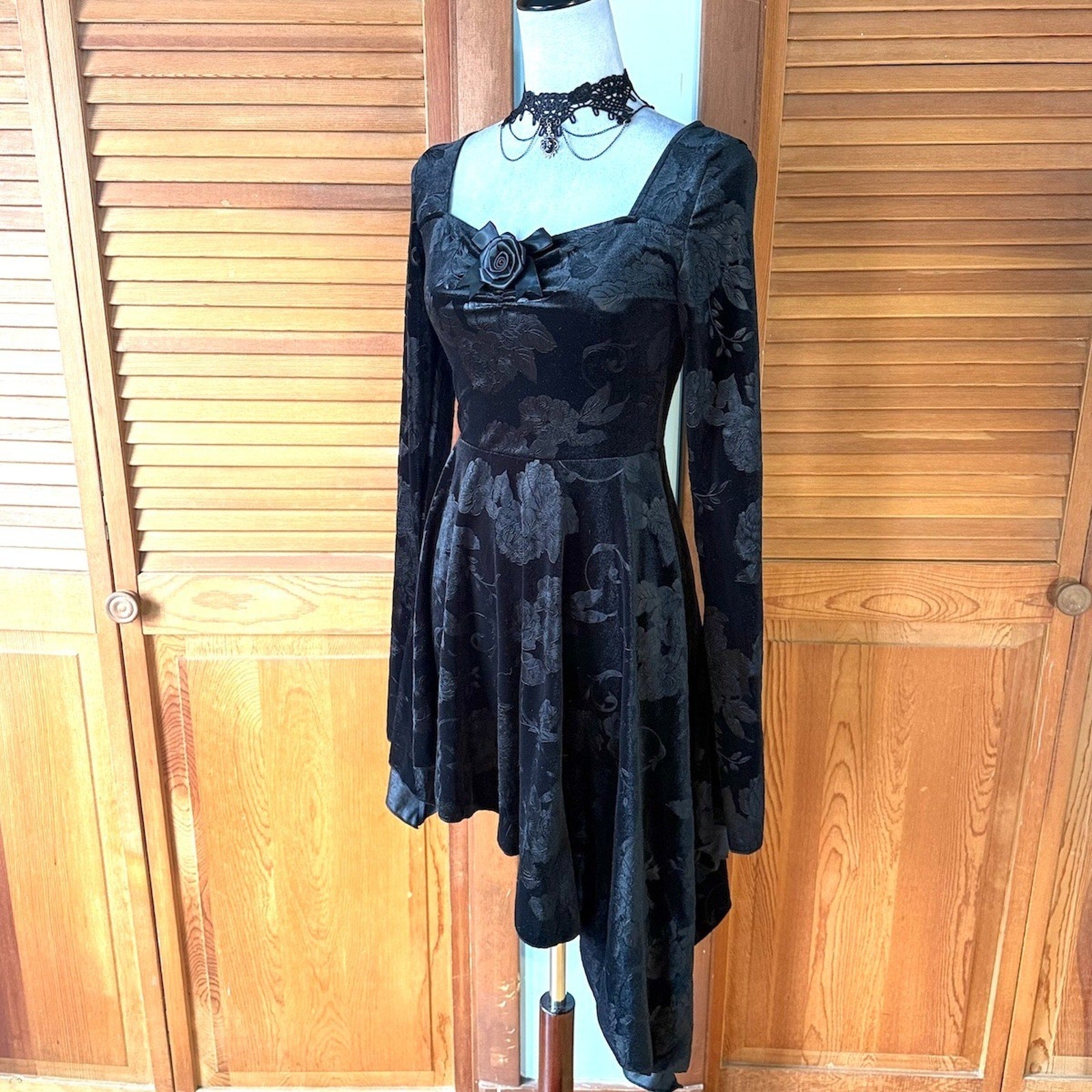 Garden Goth Victorian Dark Fairycore Midnight Blossom Black Velvet Dress