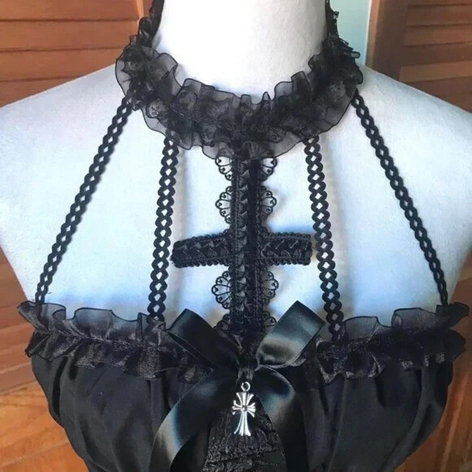 Gothic Lolita EGL Dark Fairycore Visual Kei Black Cross Lace Choker Mini Dress