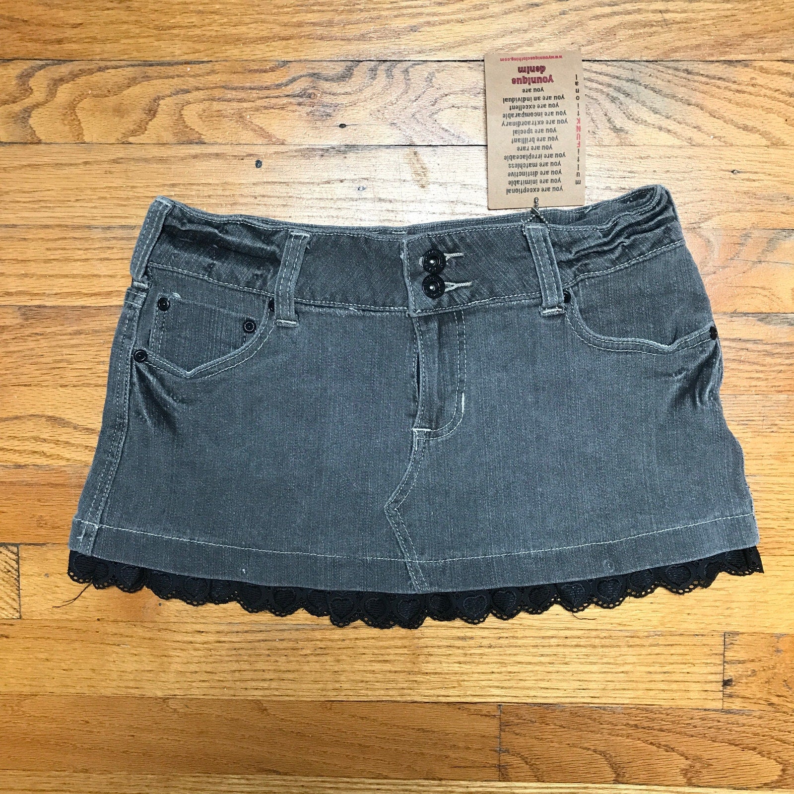 Punk Goth Gray Denim Rainy Day Mini Skirt w/ Black Lace Trim 9