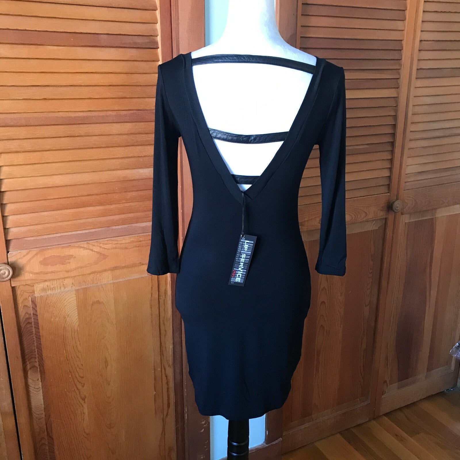 Vintage Lip Service Widow Black Leather Straps 3/4 Sleeve Goth Mini Dress XS