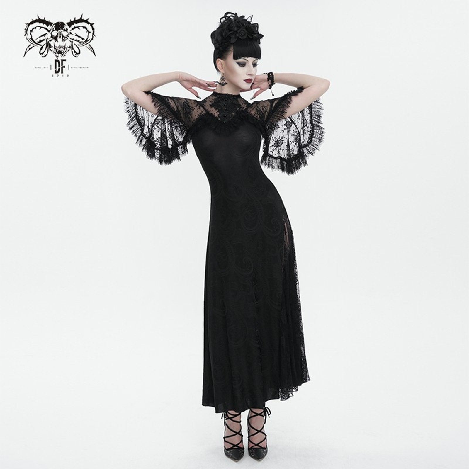 Devil Fashion Gothic Victorian 1930s 'Birds of a Feather' Lace Maxi Gown Dress