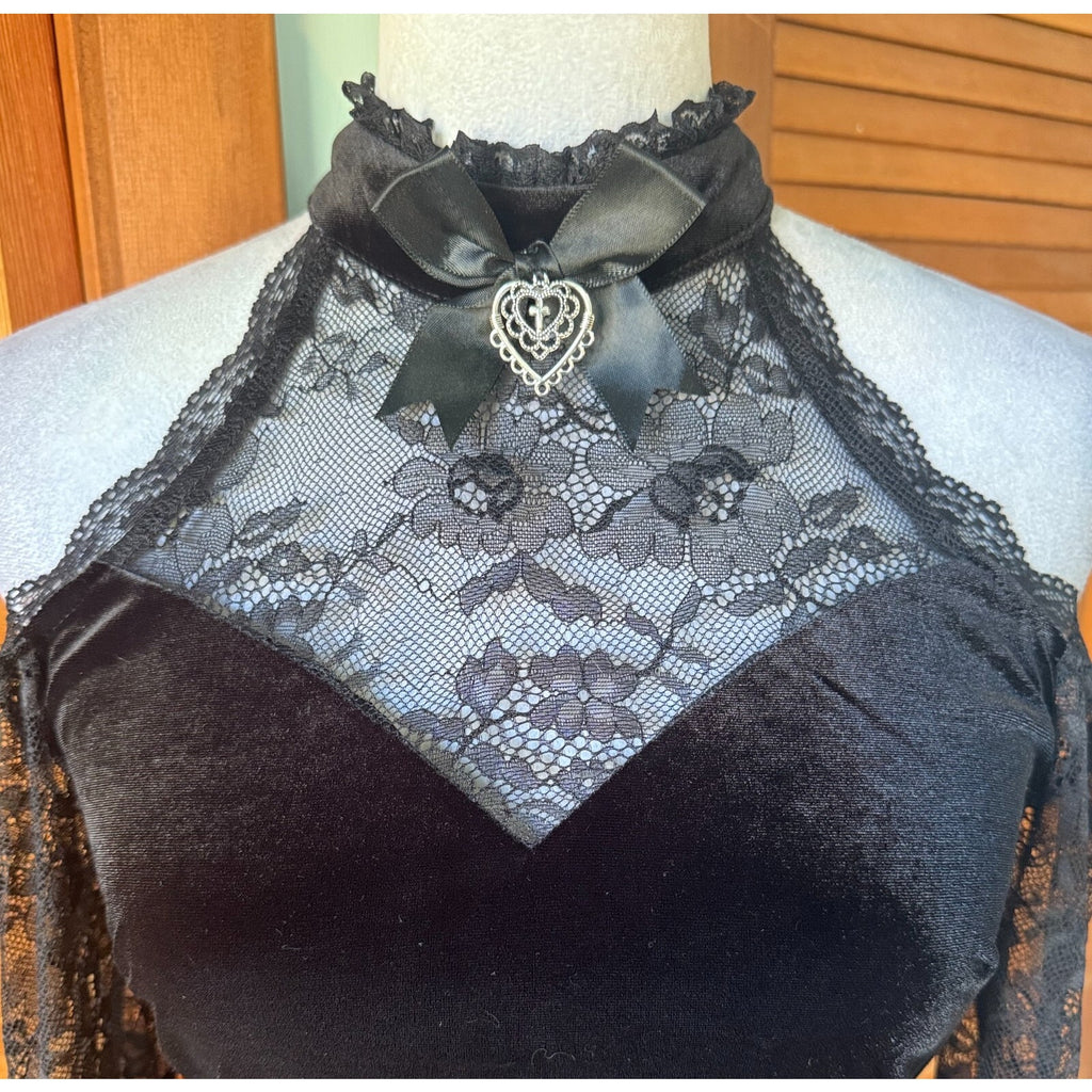 Gothic Lolita Victorian I Heart Thee Black Velvet & Lace Mini Dress